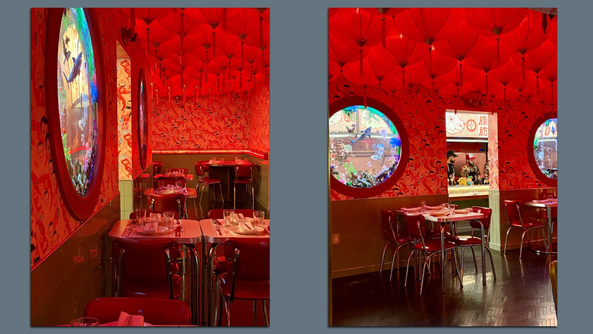 Two red dining areas with round windows, red ceiling lamps and chrome chairs. 