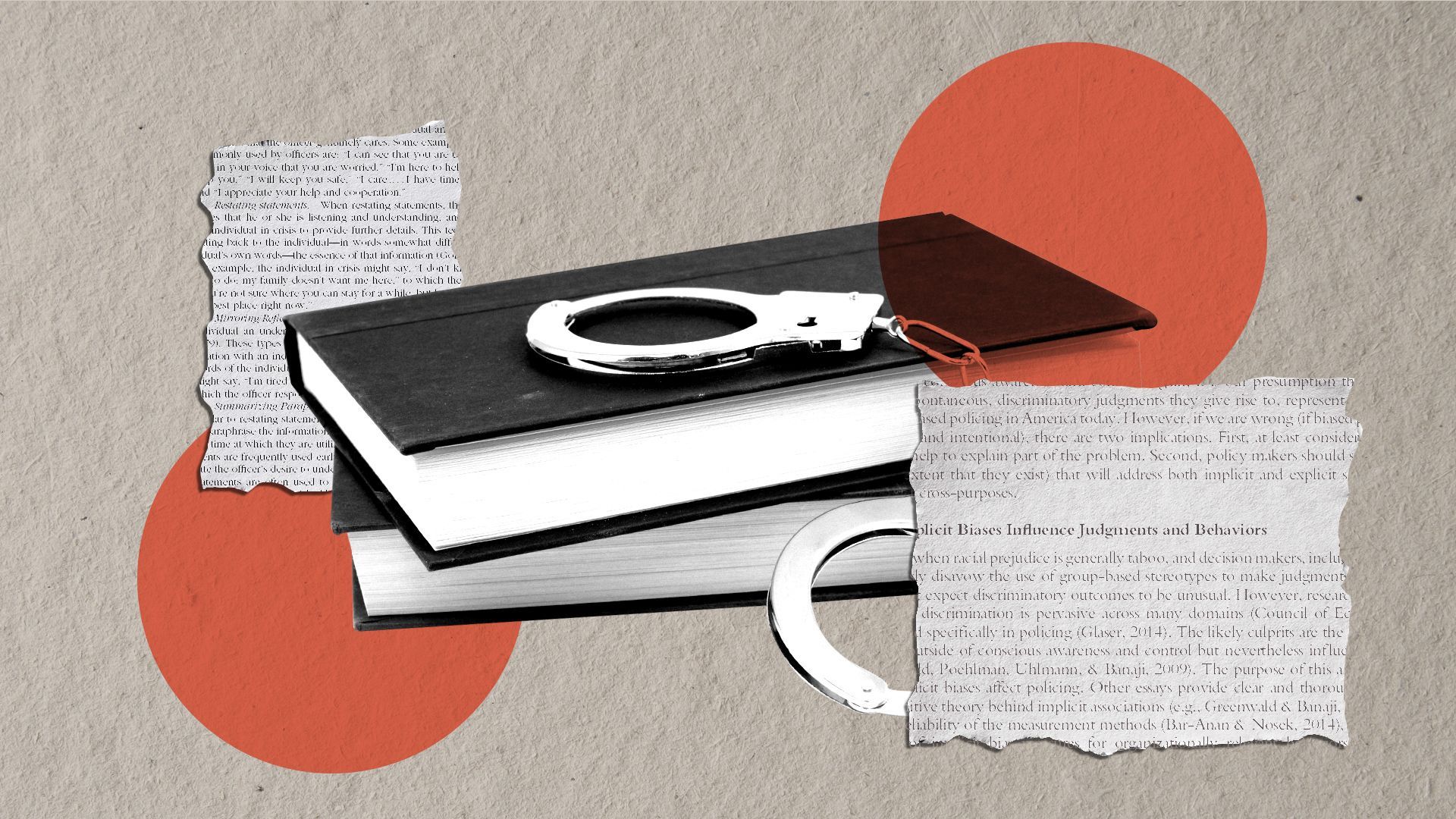 Illustration of a book with handcuffs surrounded by excerpts from studies on police training.  