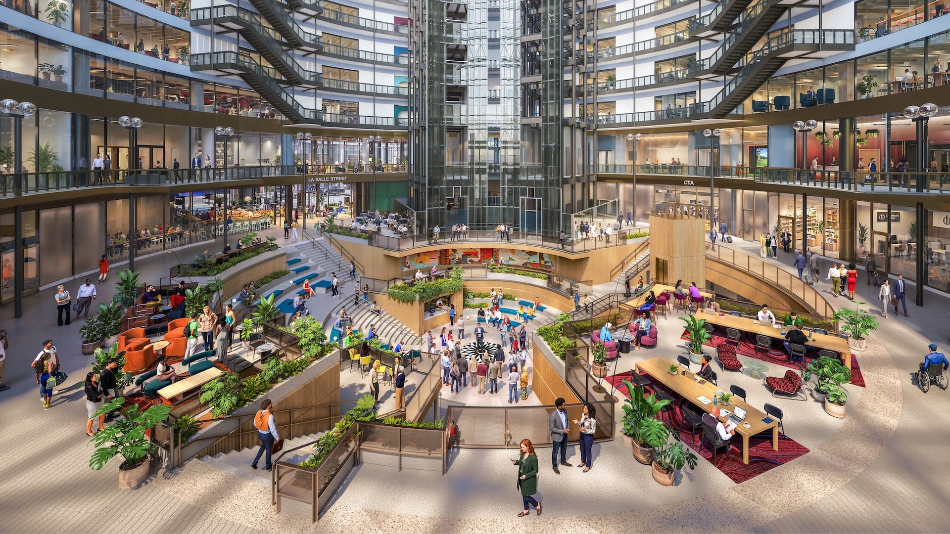 Interior of a large, multi-level shopping mall with a glass central elevator, curved balconies on every floor, escalators, shops, greenery, and people strolling and conversing.