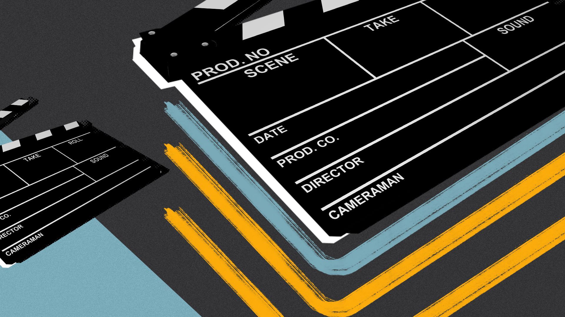 Illustration collage of two clapper boards separated by geometric shapes and lines