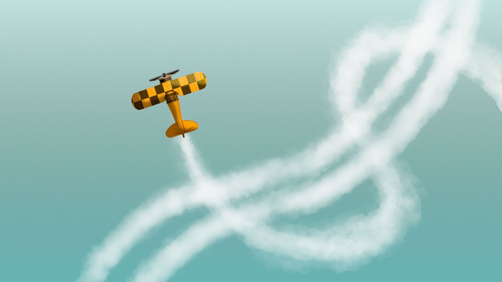 Illustration of a plane leaving a sky writing trail in the shape of a dollar sign