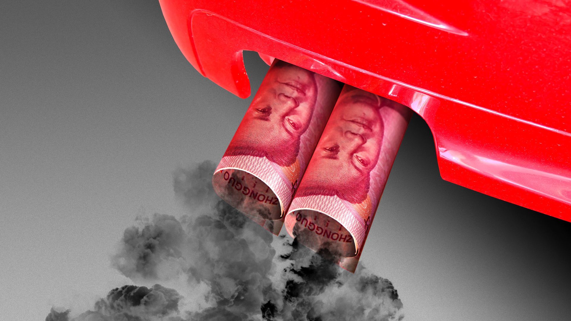 Illustration of a car's tailpipe replaced with rolled up 100 Yuan banknotes, sputtering exhaust