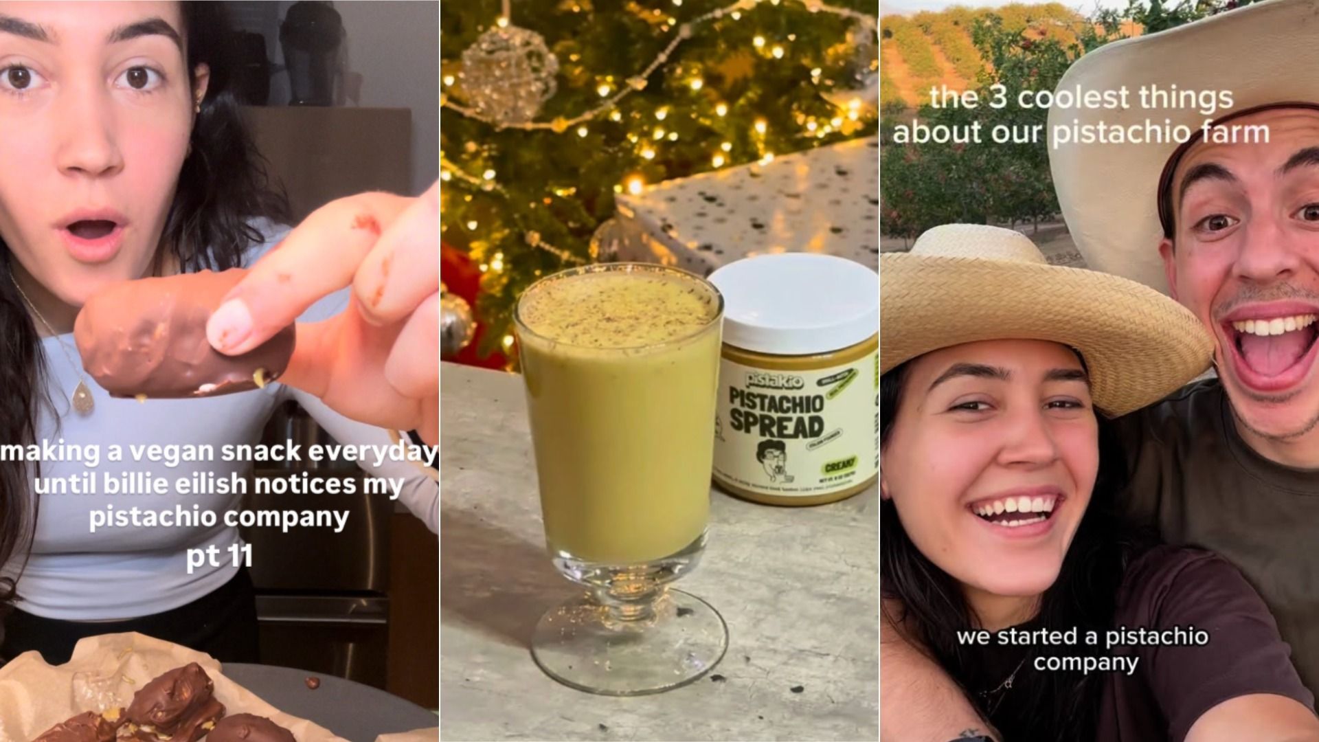 Three images: a woman holding a chocolate-covered vegan snack, a glass of creamy pistachio drink with jar labeled "pistachio spread," and two people smiling with text about their pistachio farm.