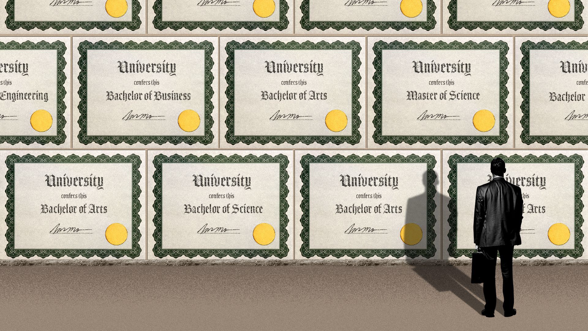 Illustration of a man with a briefcase standing in front of a large wall made up of various university degrees. 