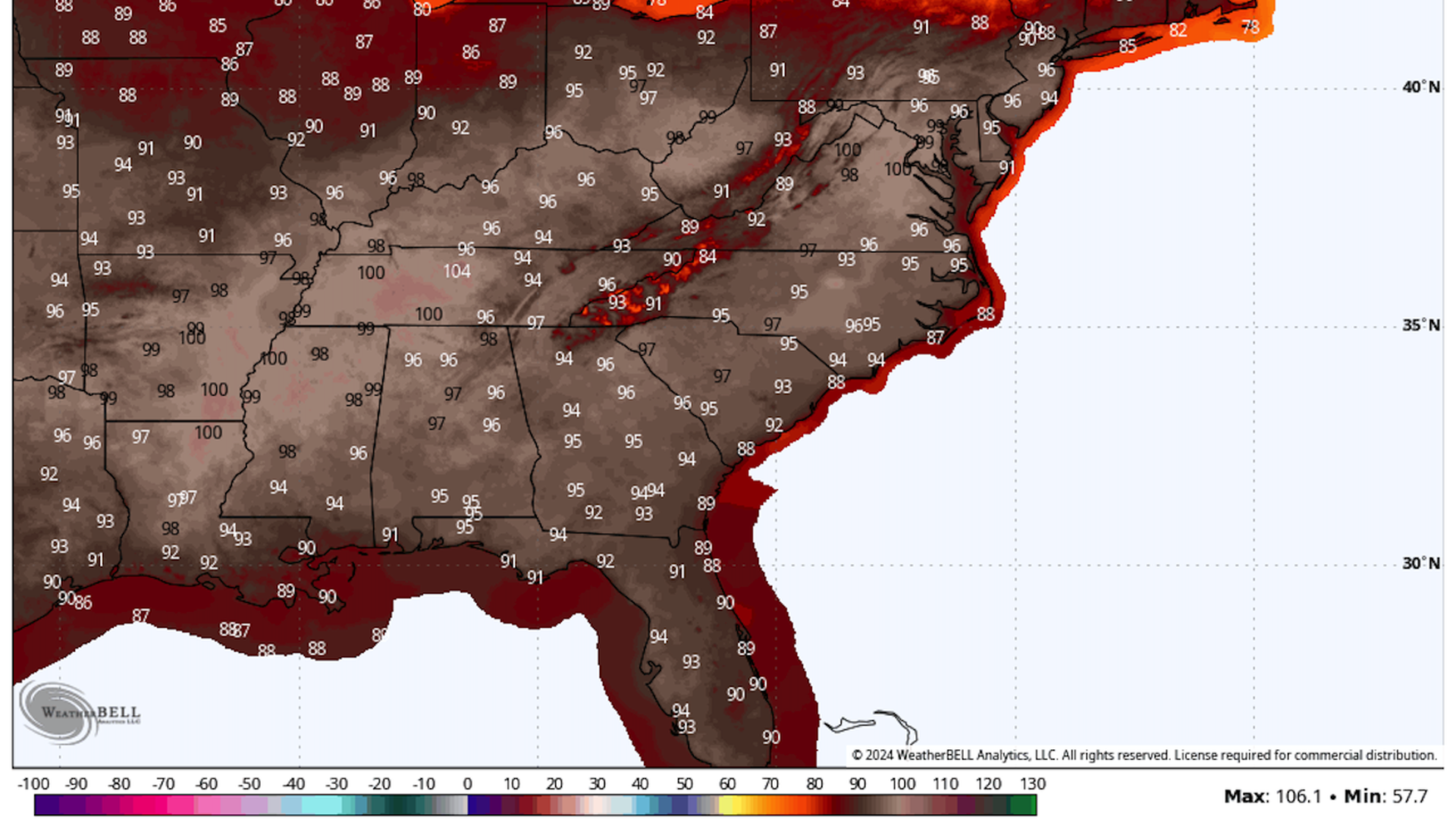 Map showing forecast high temperatures on Aug. 28 from the National Weather Service. 