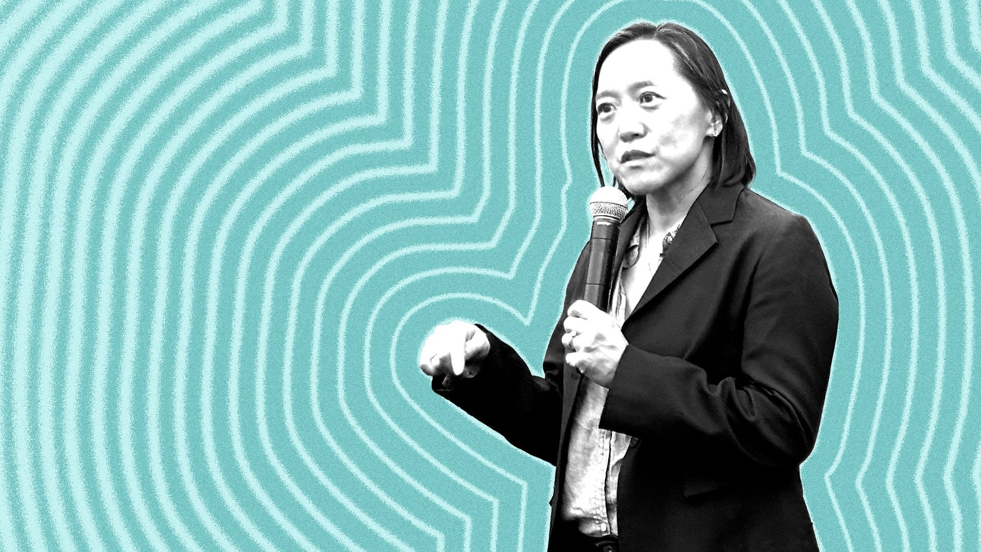 Photo illustration of Yvonne Hao with lines radiating from her.