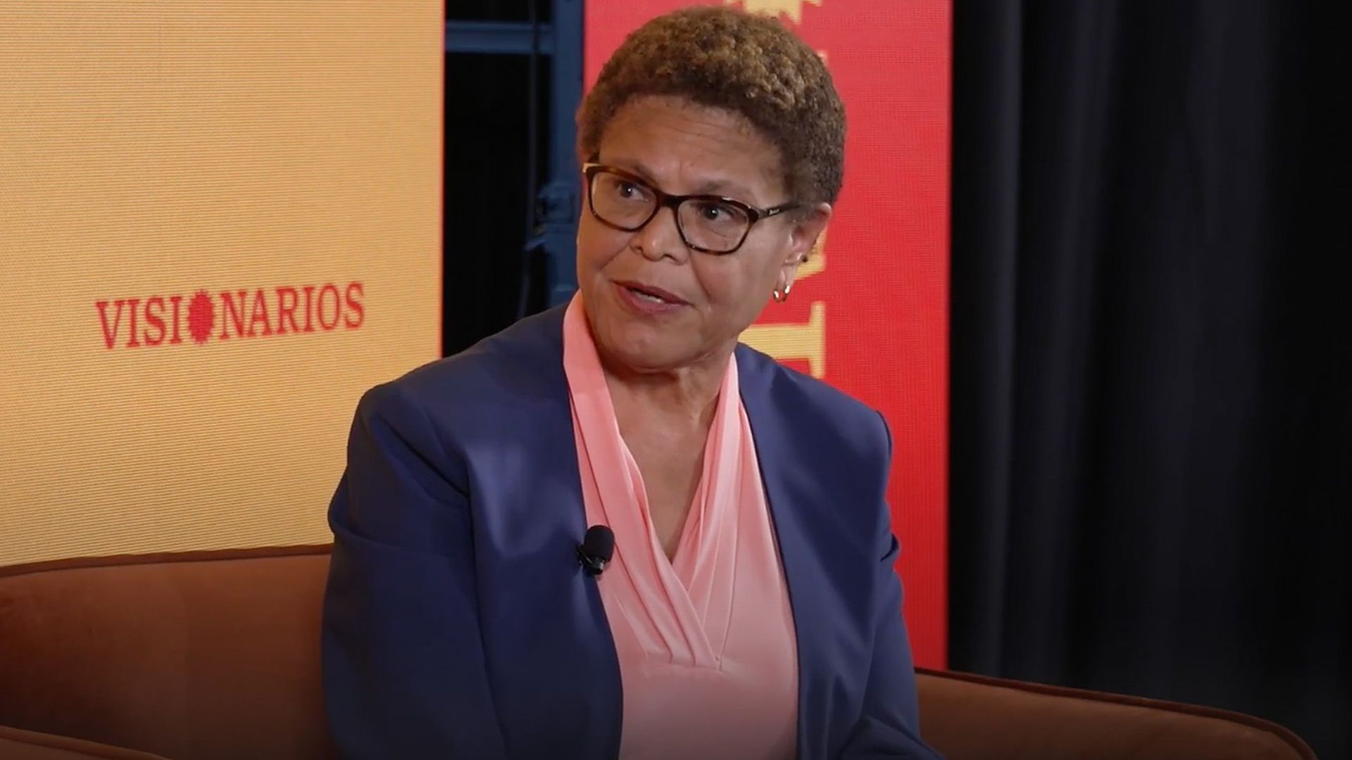 A screenshot of Los Angeles Mayor Karen Bass speaking at Axios' Visionarios event on Thursday.