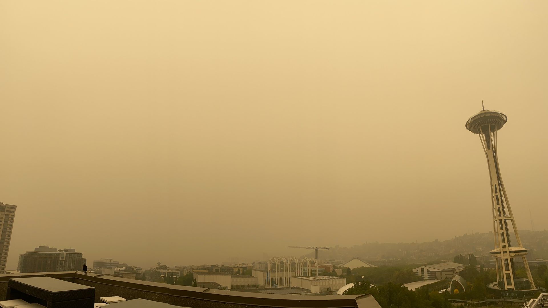 Seattle Space Needle with smoky skies.