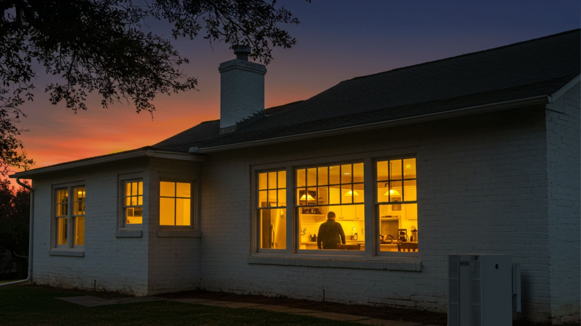 A home at dusk powered by an outdoor battery, with warm lights glowing inside.