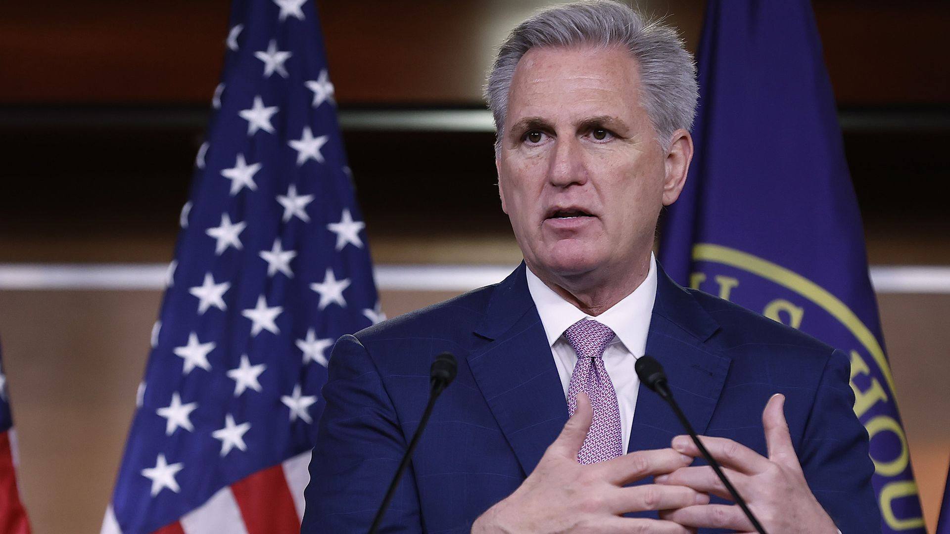 House Minority Leader Kevin McCarthy (R-CA) talks to reporters during his weekly news conference in the U.S. Capitol Visitors Center on March 18, 2022 
