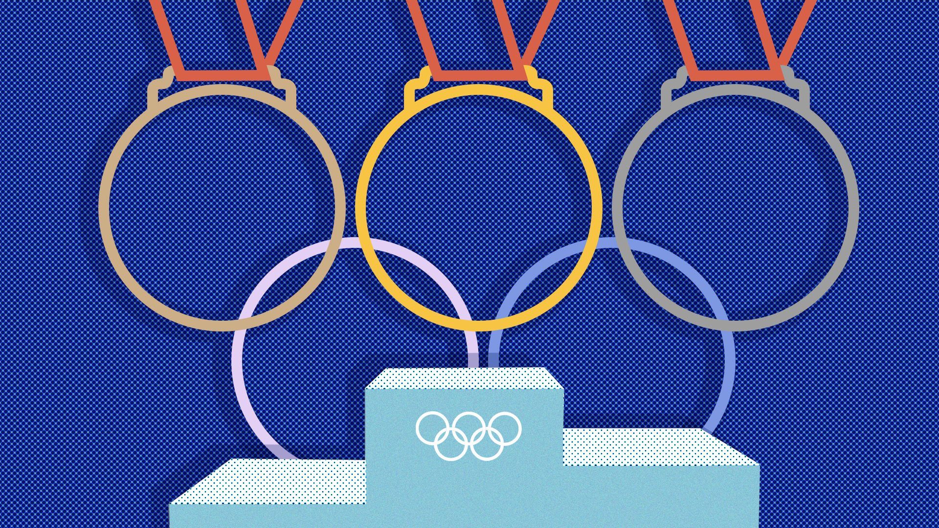 Illustration of the Olympic rings behind a podium. The top 3 rings of the symbol are bronze, silver, and gold medals. 