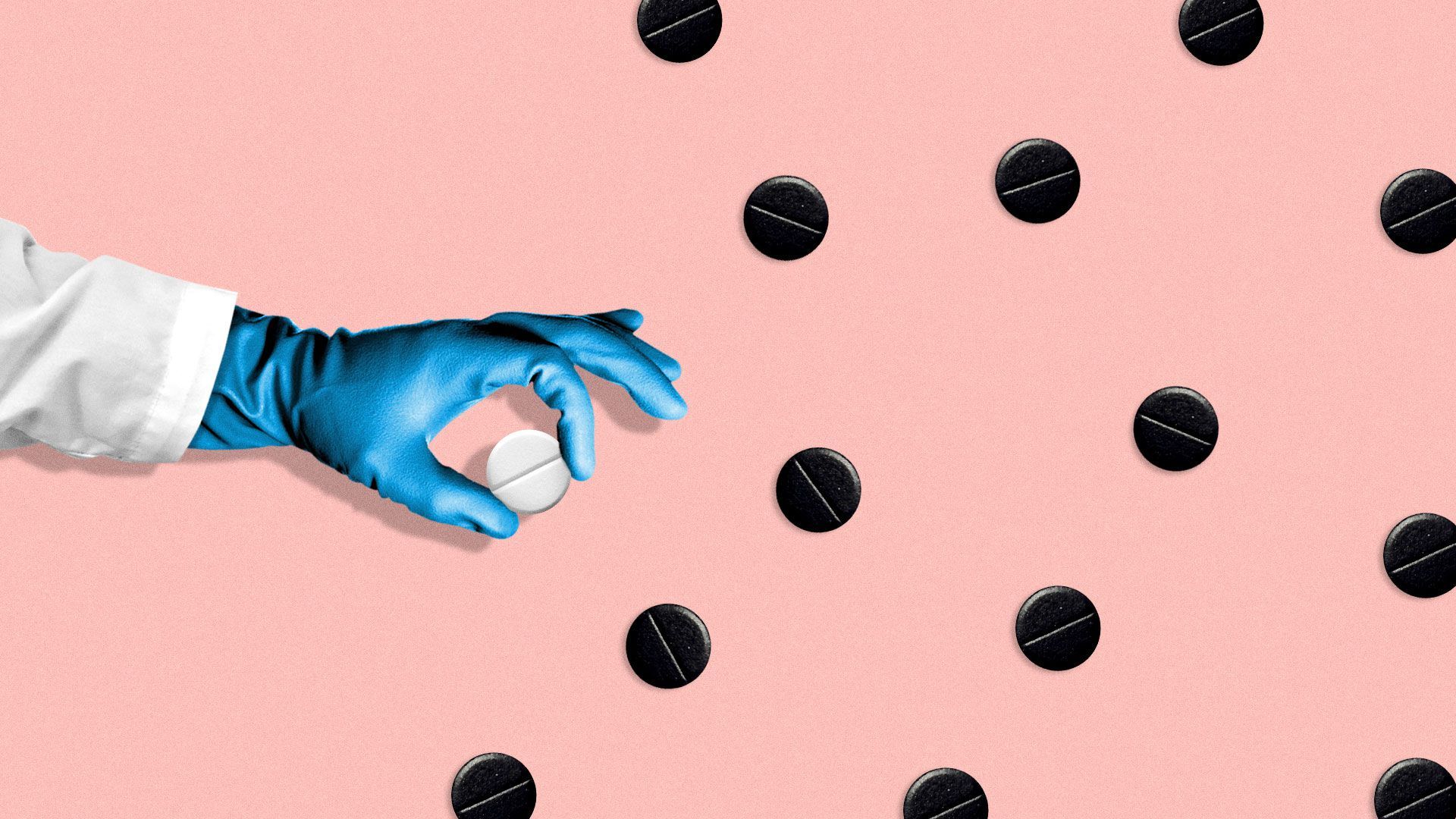 Illustration of gloved hand holding white pill from a black pill pattern
