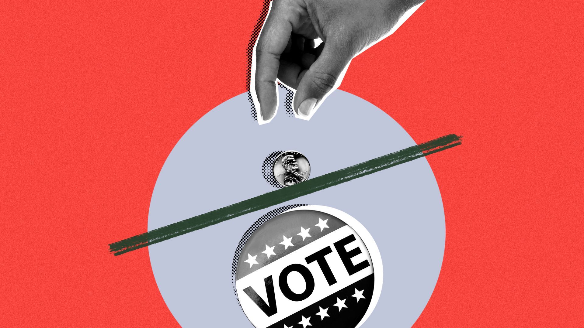 Illustration of a hand dropping a penny towards a vote pin