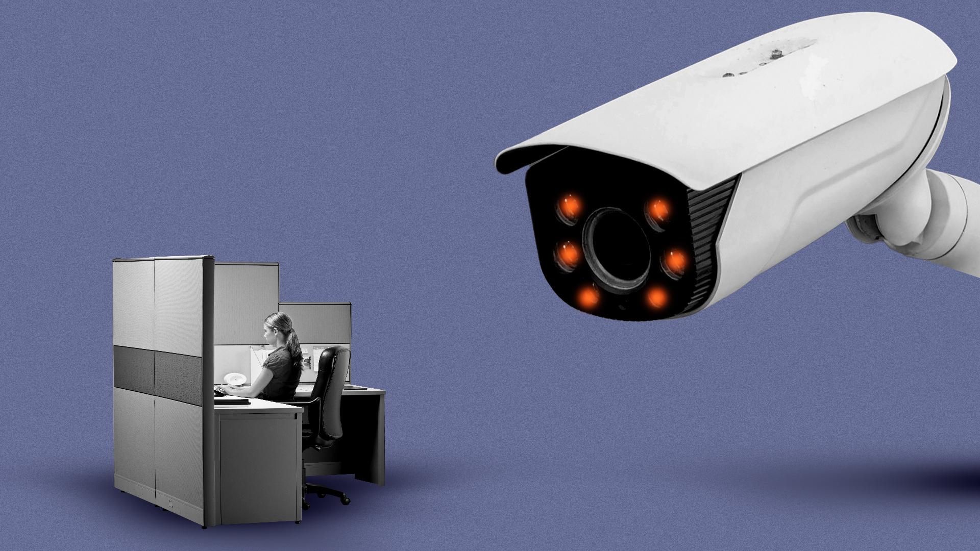 Illustration of a worker in a cubicle with an extremely large surveillance camera behind them, glowing and watching. 