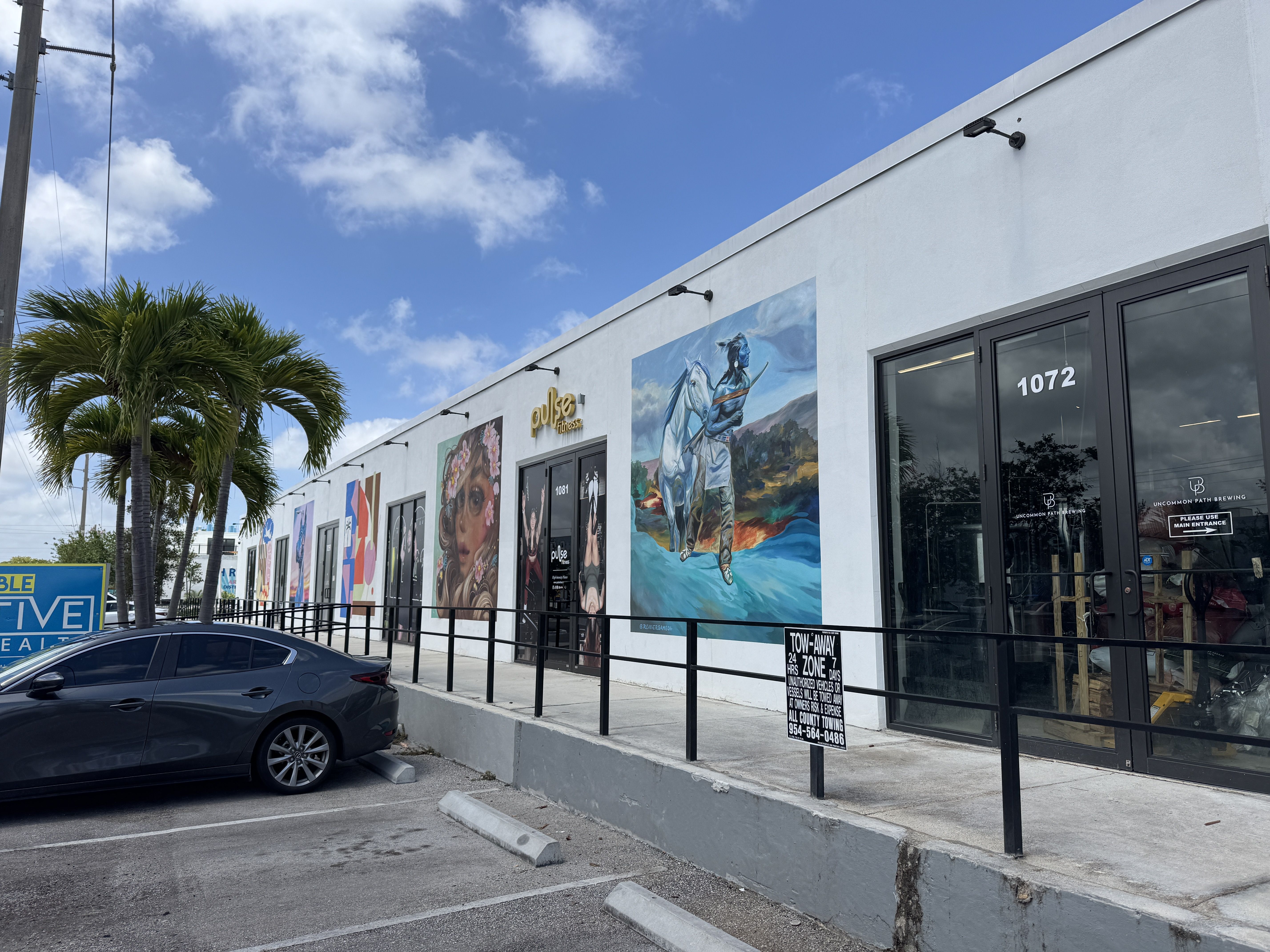 Sunny day at a white commercial building adorned with large colorful murals. Palm trees line the sidewalk; a gray car is parked in front. Glass doors show the address 1072 and a wall camera is visible.