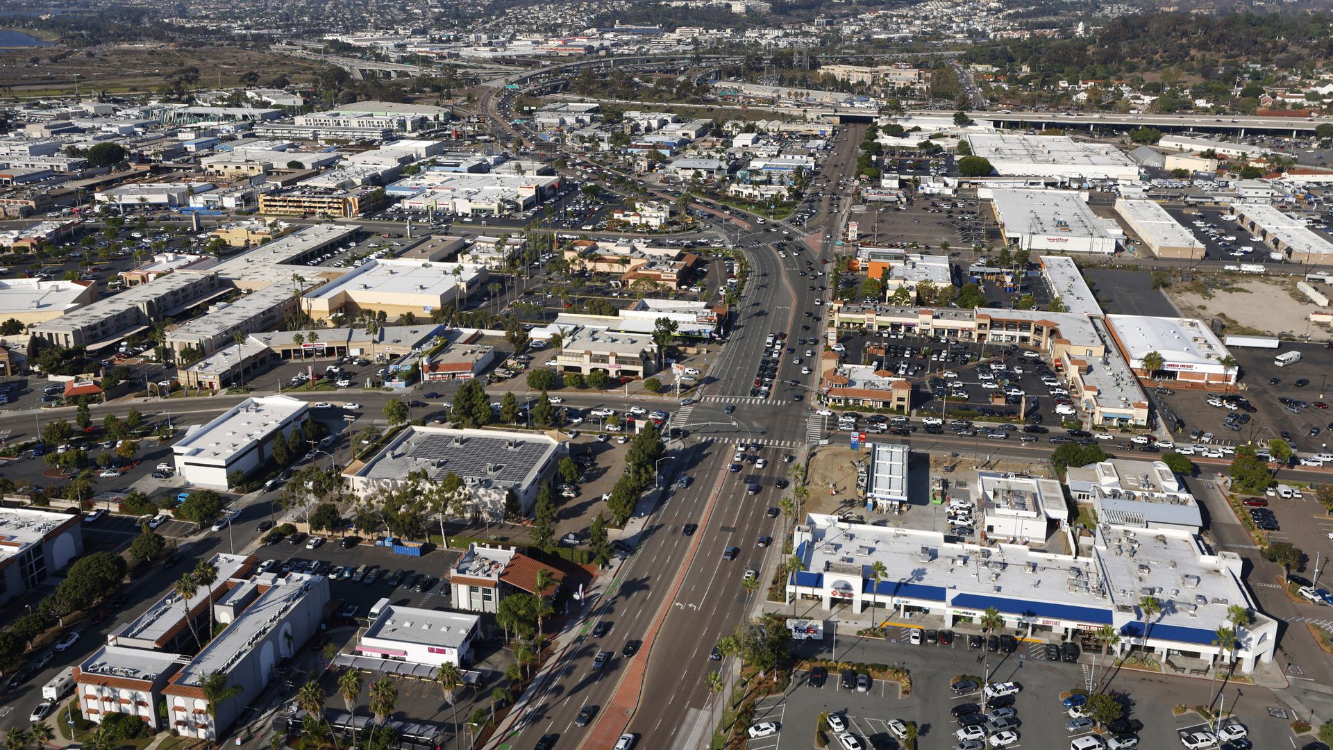 In an aerial photo, Rosecrans Street runs through the Midway District on October 7, 2025 in San Diego, CA.