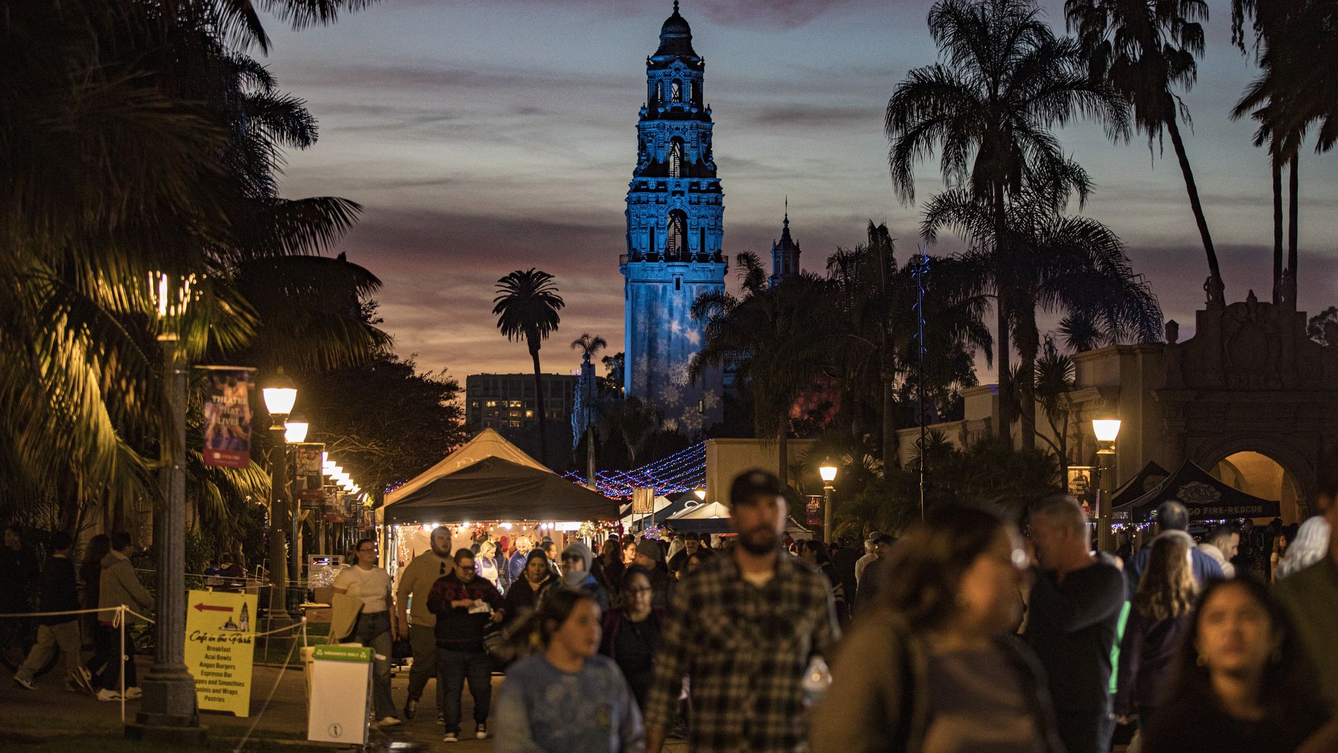 Balboa Park at night, with the California Tower lit in blue