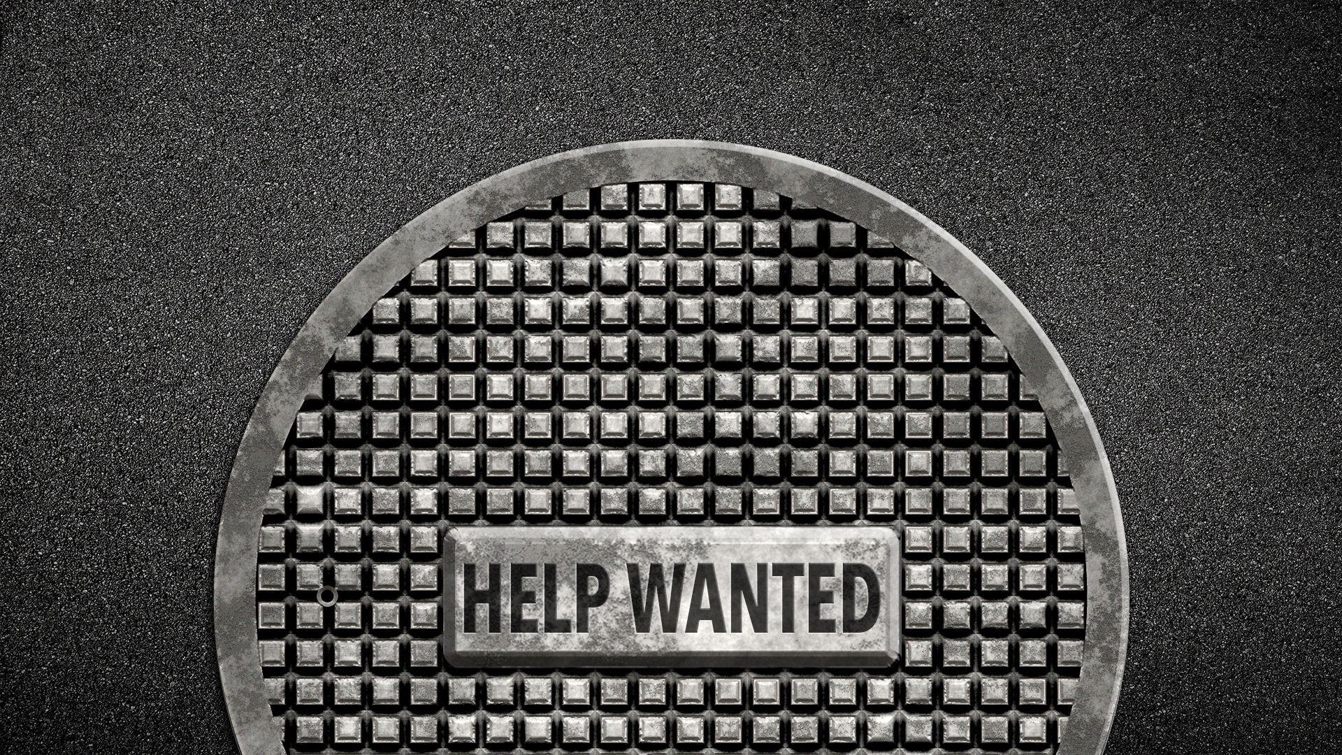 Illustration of a manhole cover with "help wanted" written on it.