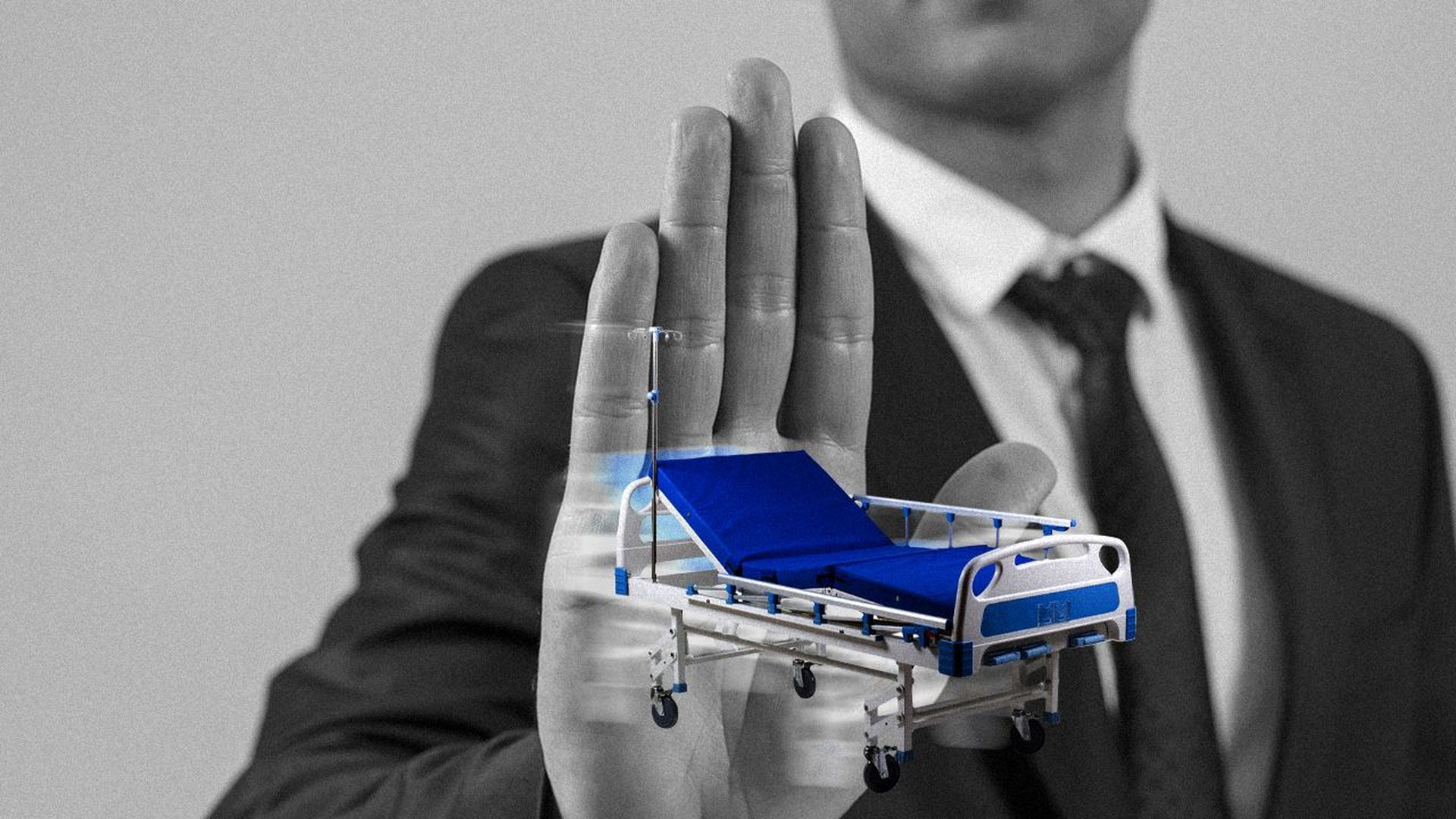 Illustration of a man in a suit holding a hand out to push away a hospital bed