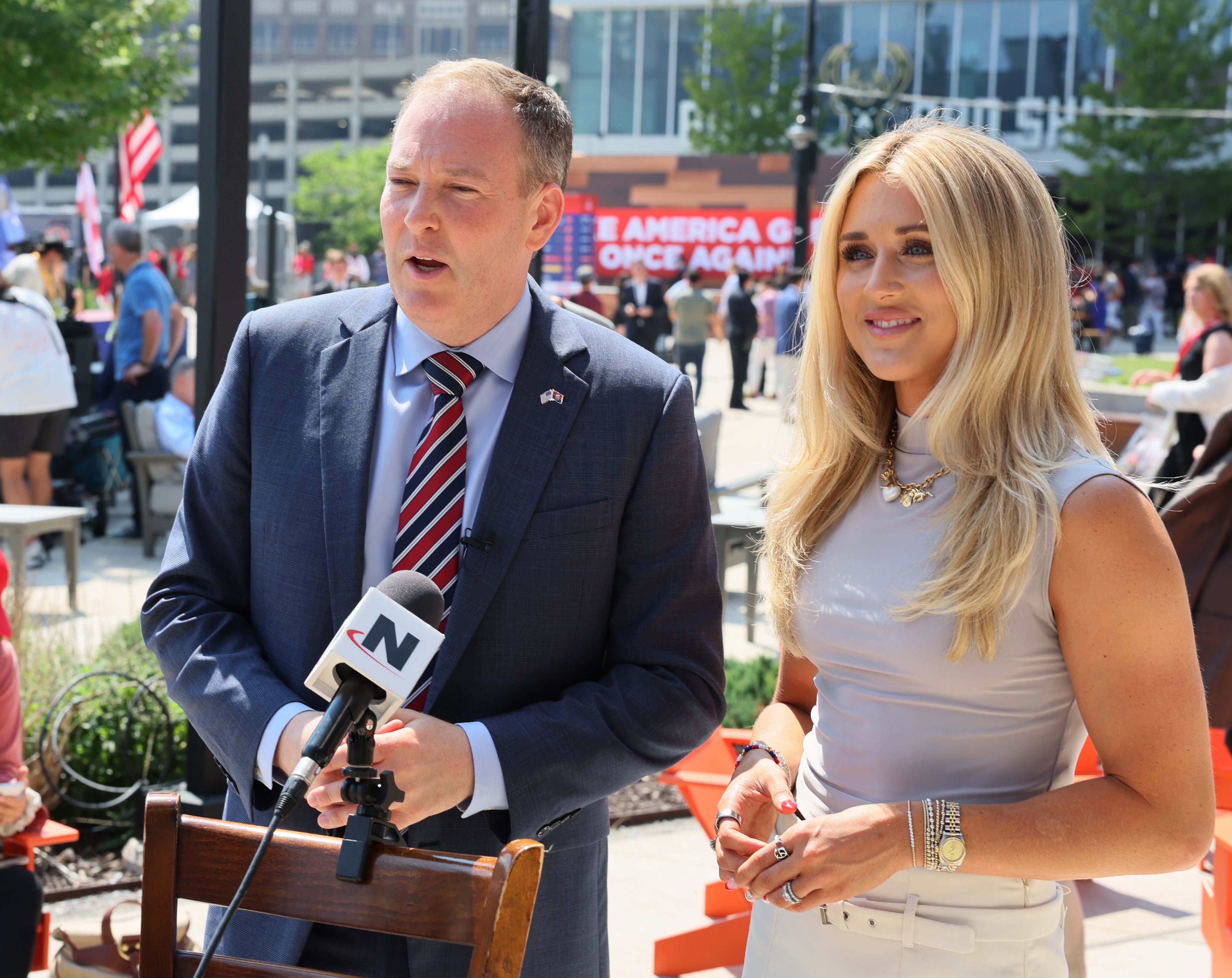 Former U.S. Rep. Lee Zeldin and athlete Riley Gaines outside the Republican National Convention in Milwaukee. 