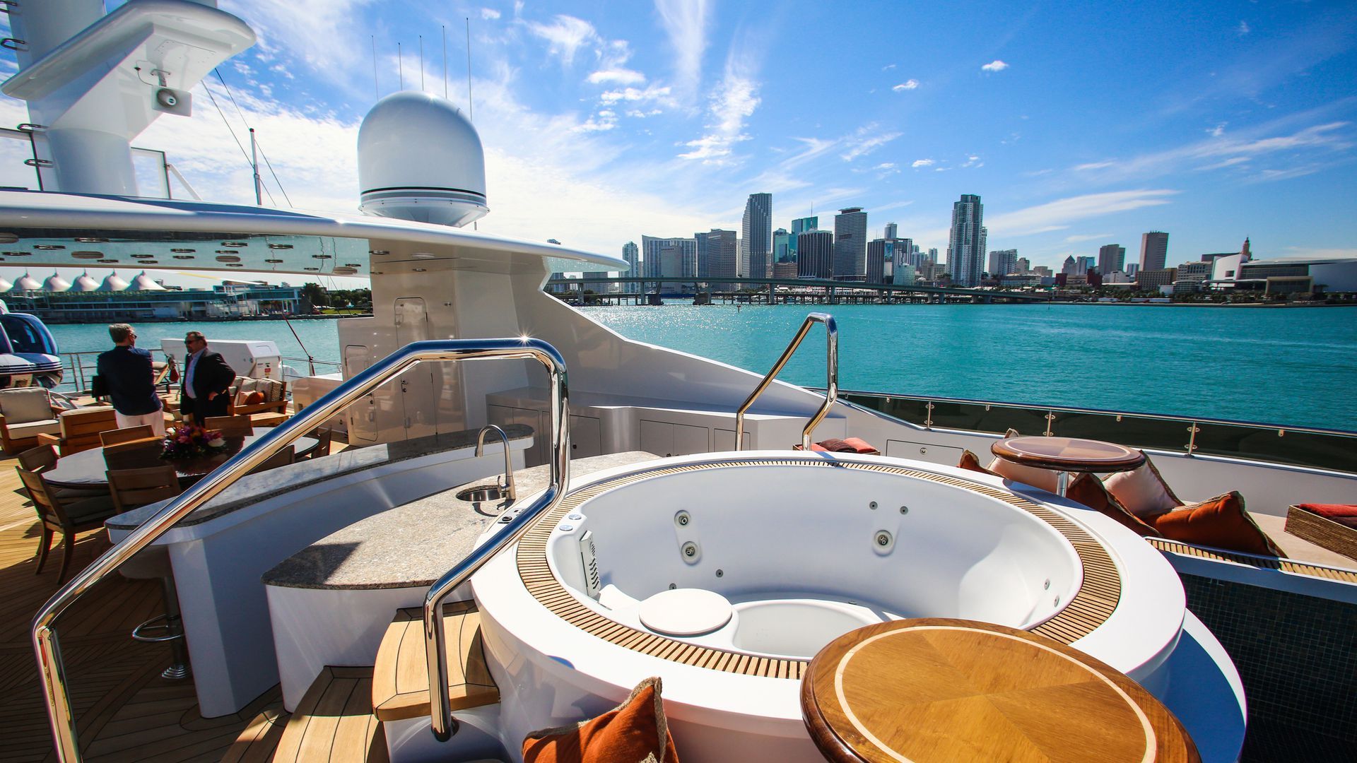 A jacuzzi sits on the deck of superyacht Natita during the Superyacht Miami boat show at Island Gardens Deep Harbour in Biscayne Bay. 