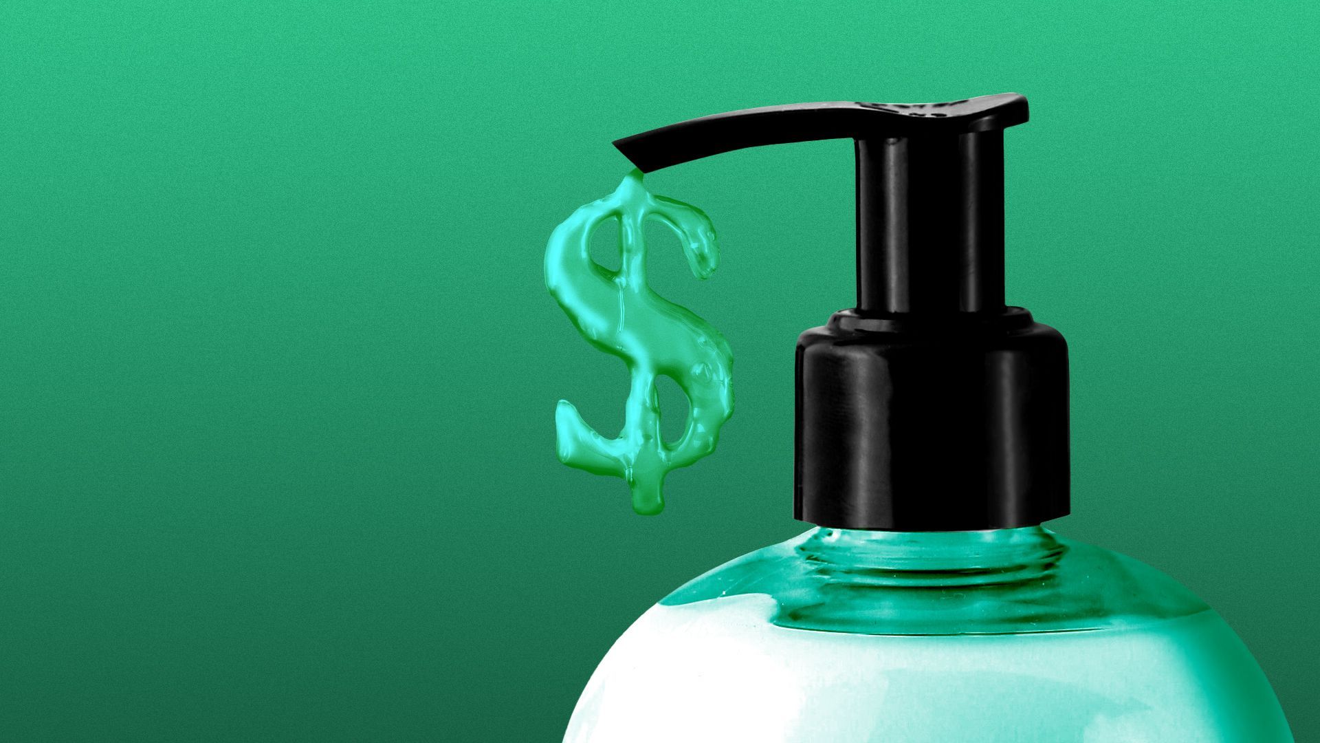 Illustration of a soap dispenser bottle dispensing a dollar sign shaped dollop of soap
