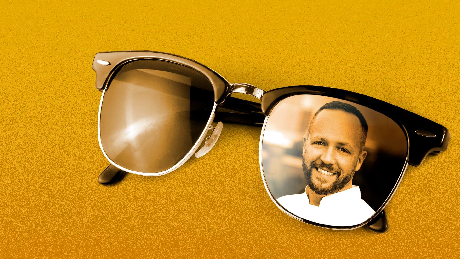 Photo illustration of sunglasses with a photo of Tyson Peterson in the lens.