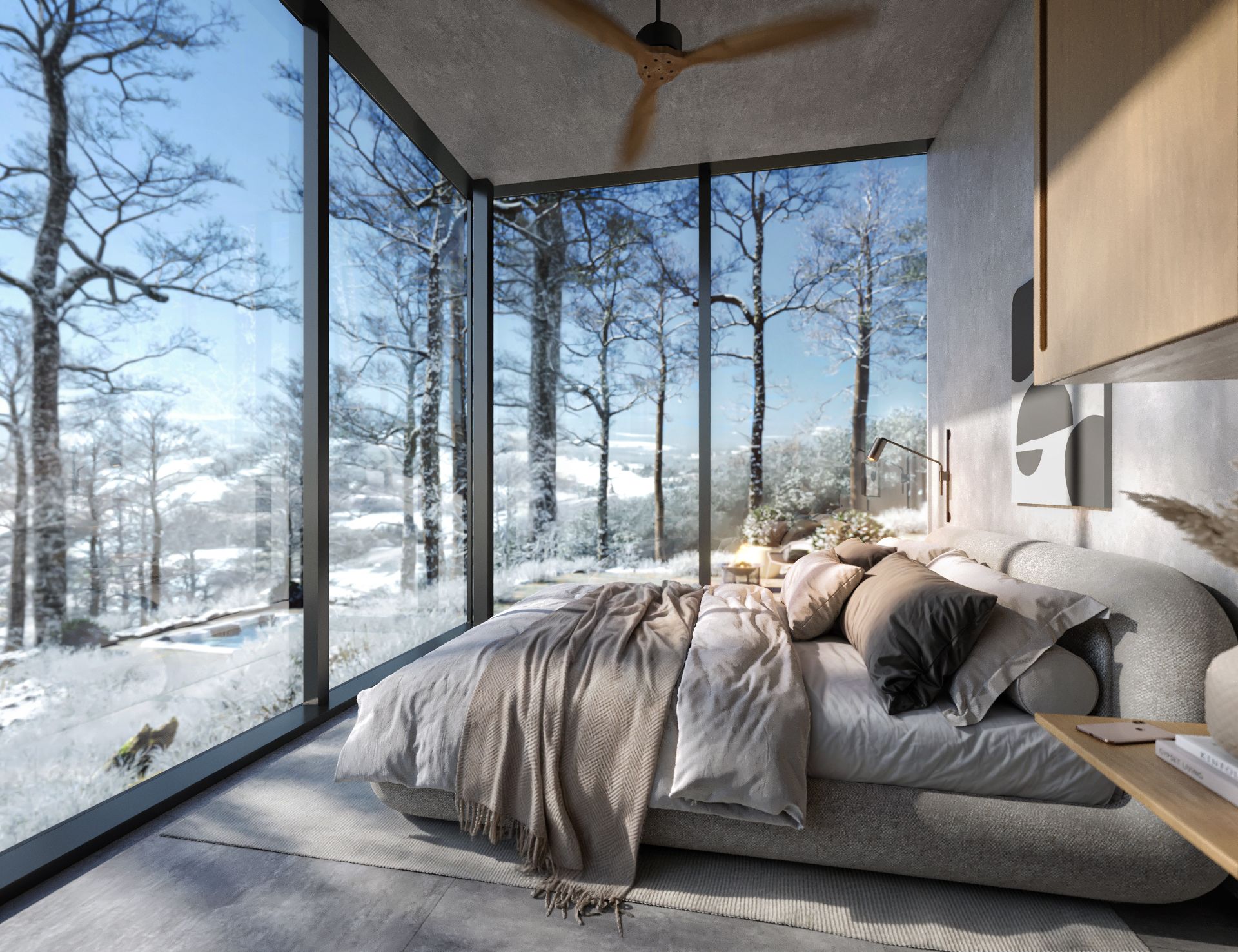 A photo showing a hotel bed facing a wall of windows.