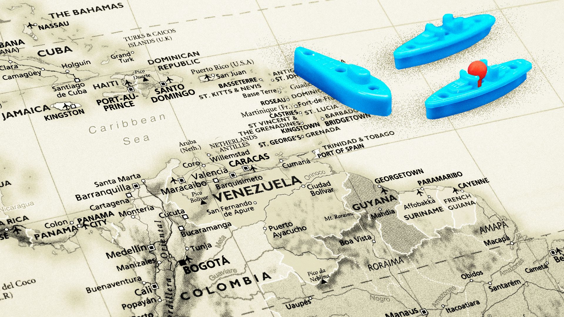 Illustration of a map with Battle Ship game toy pieces placed near Venezuela.