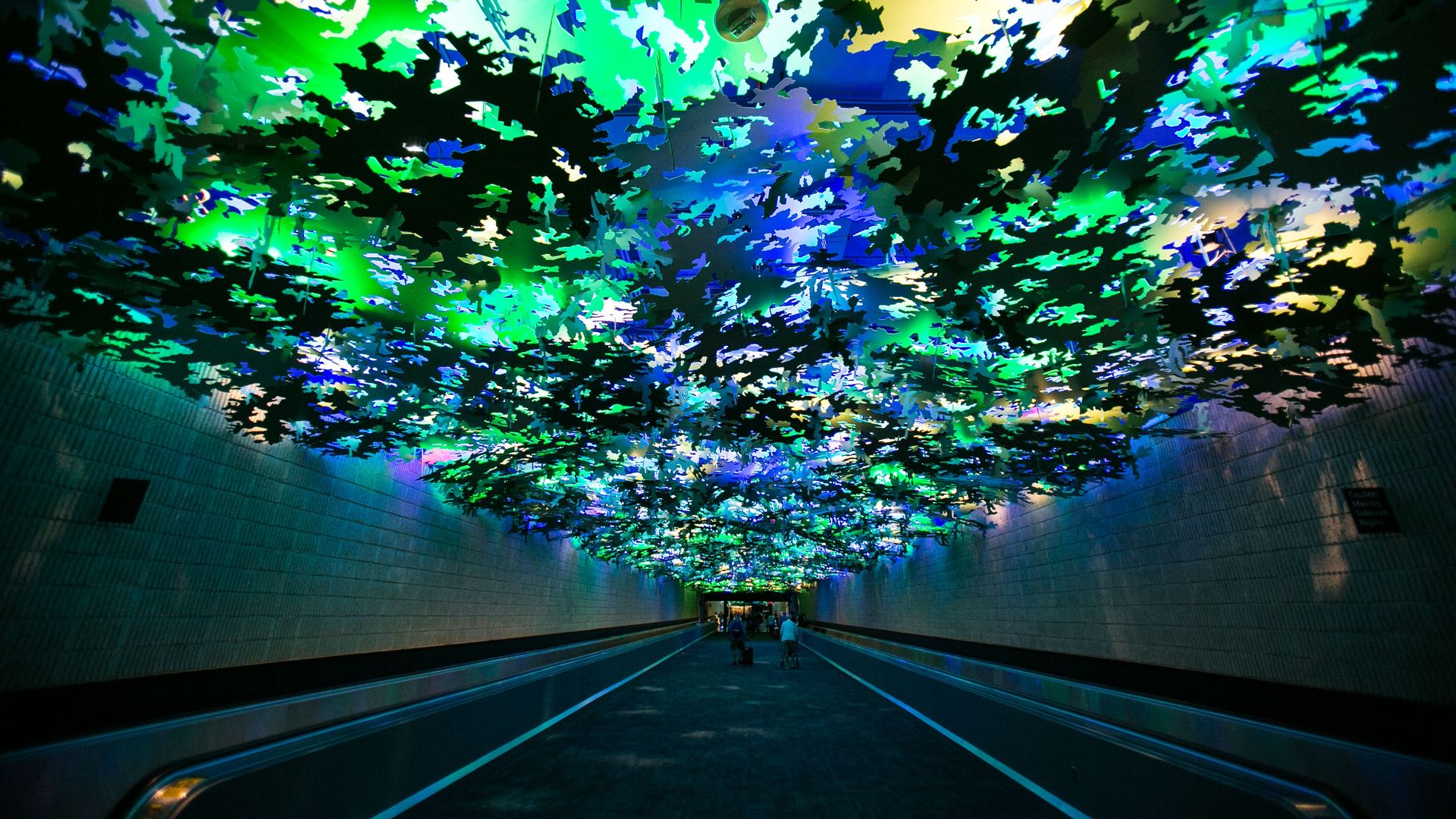 People walk in a long windowless corridor with moving walkways in an airport. A tree canopy-like artwork is suspended from the ceiling 