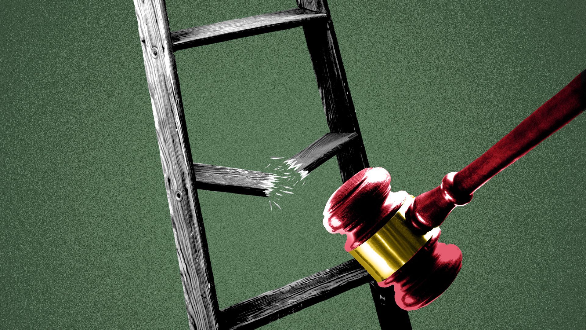 Illustration of gavel breaking one step in a wooden ladder.