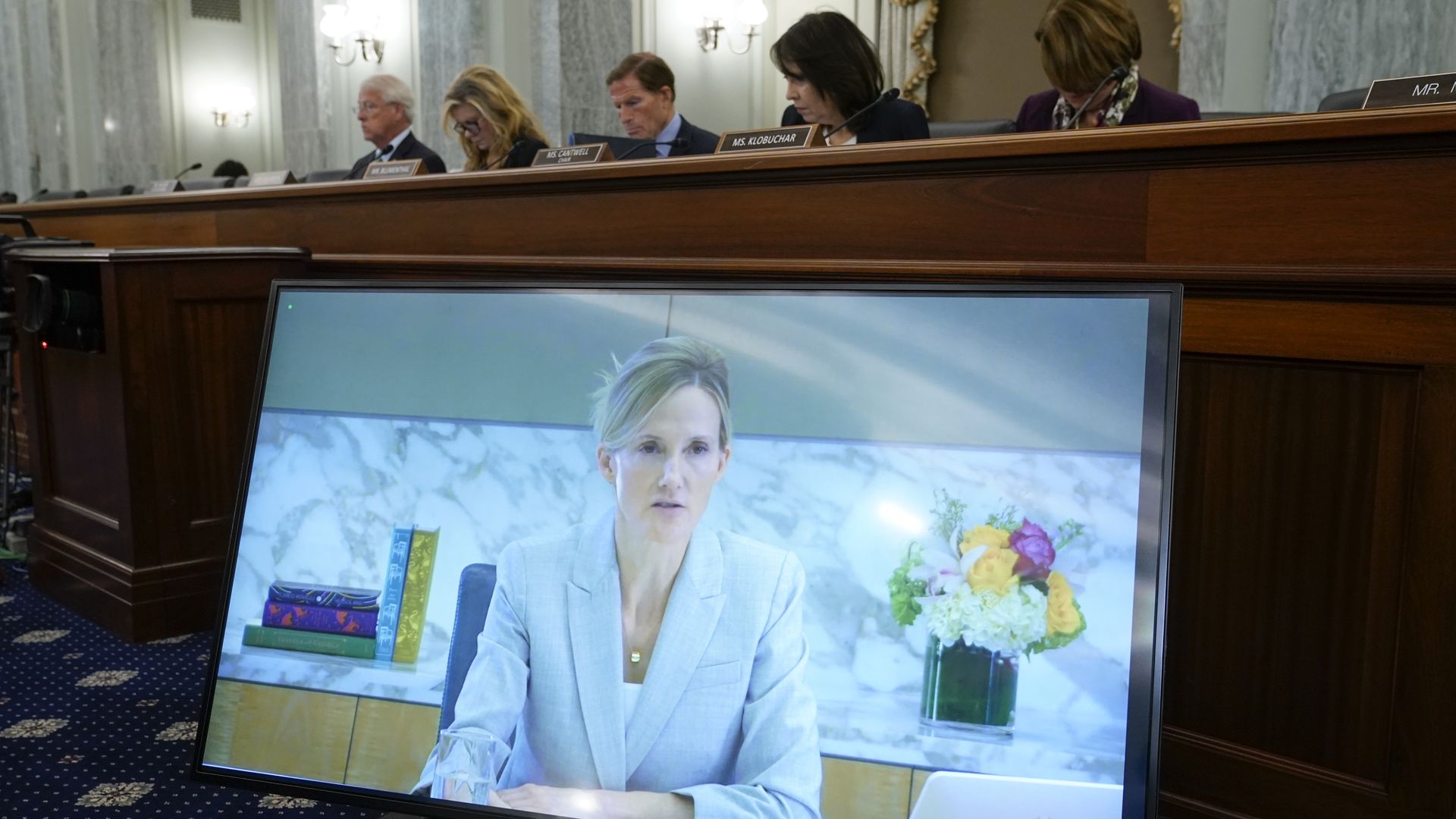 Facebook's Antigone Davis testifies on a video conferencing screen