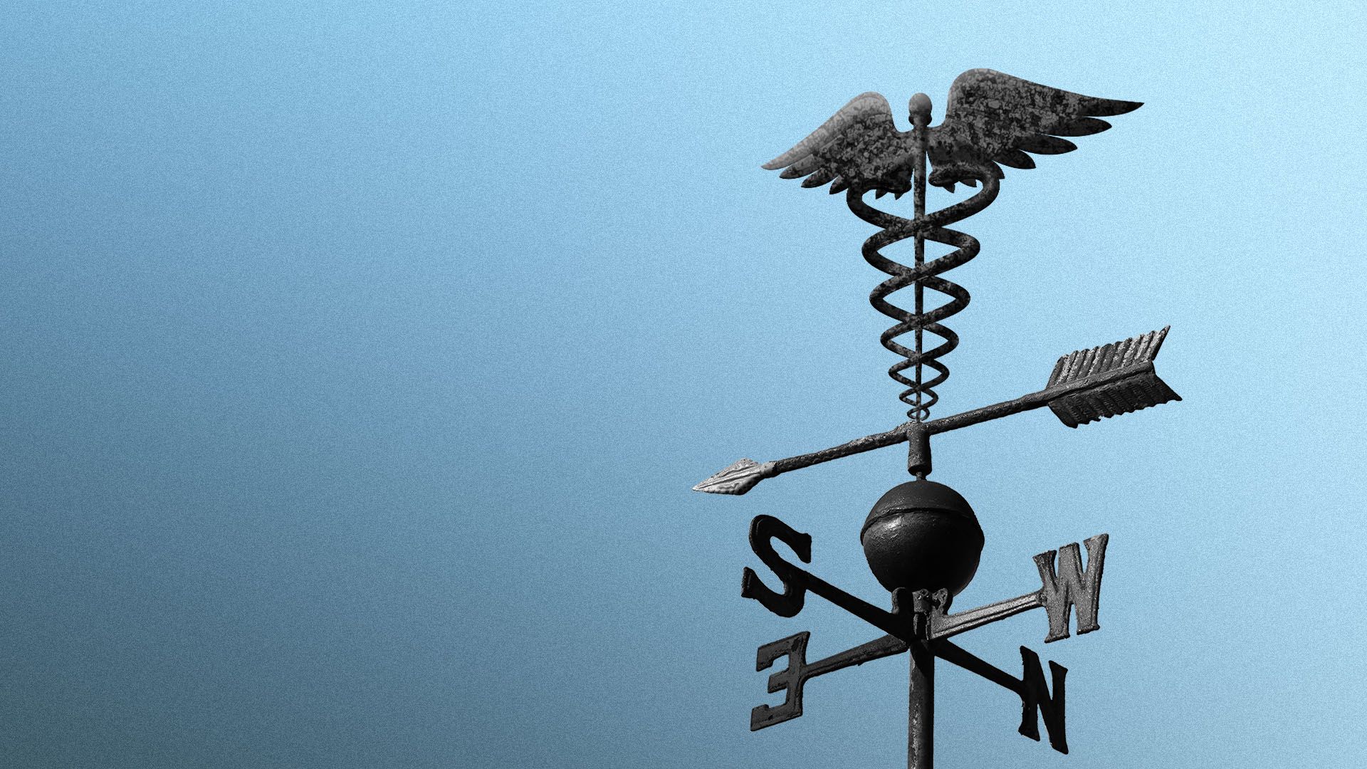 Illustration of a weathervane with a caduceus at the top point towards darker skies 