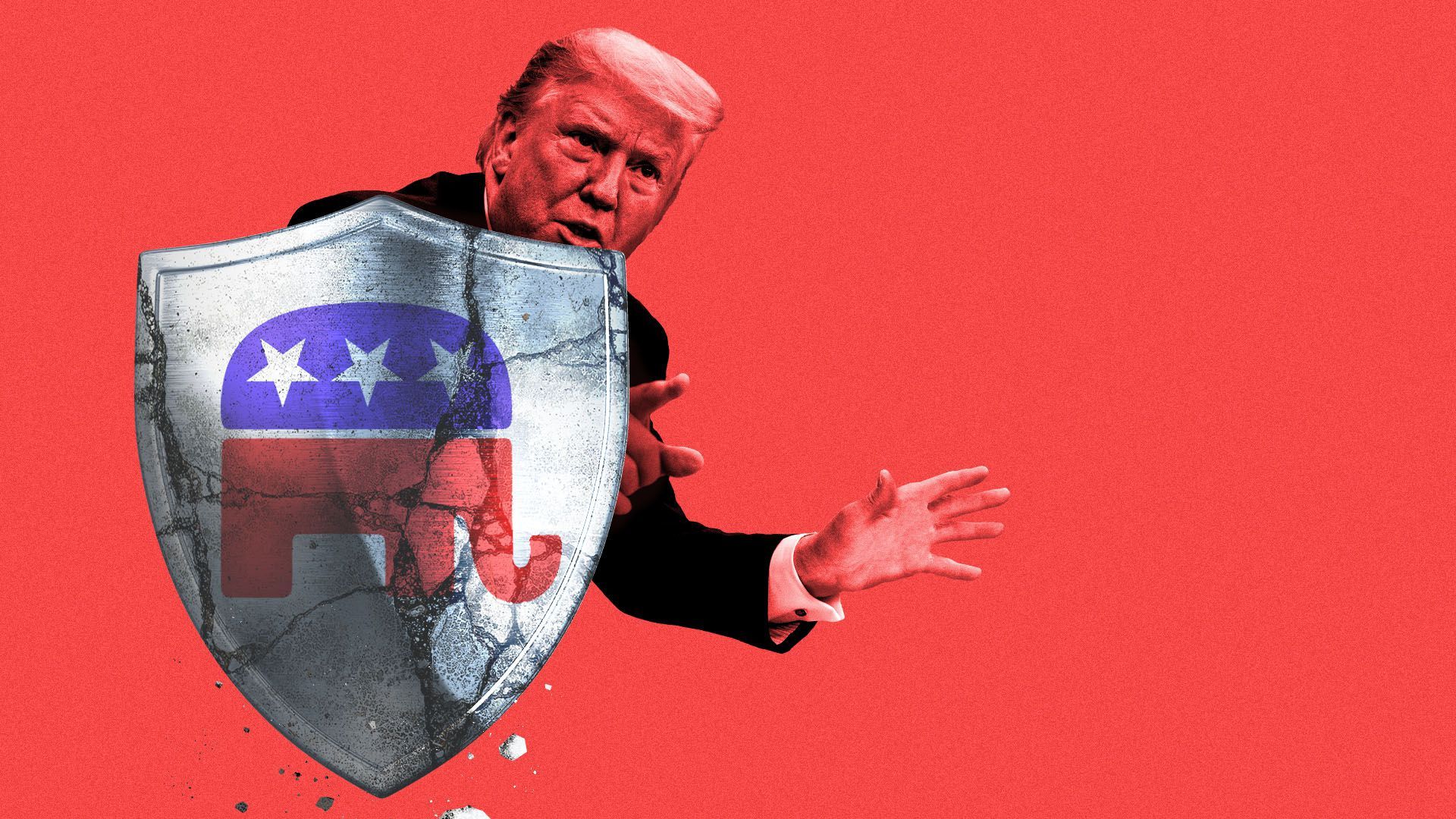Illustration of President Trump behind a cracking shield with the GOP logo on it