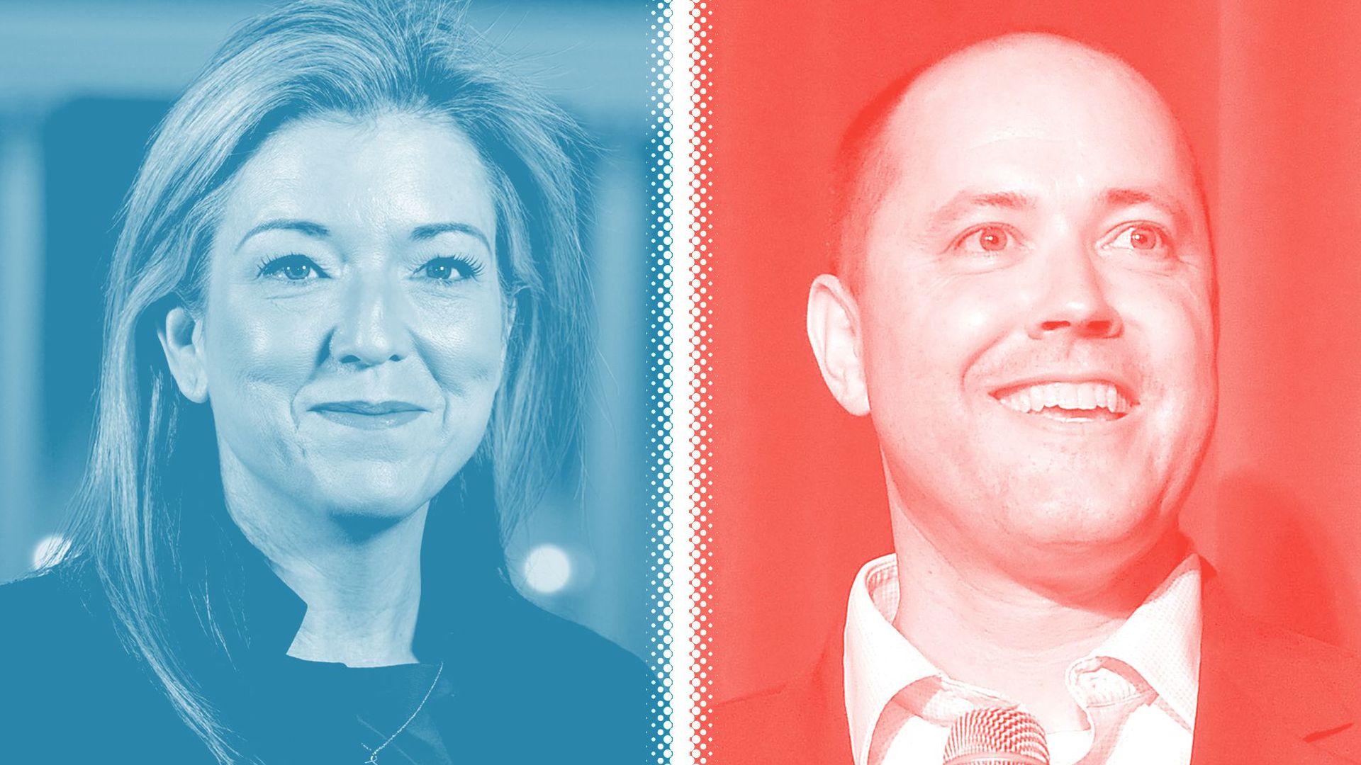 Photo illustration of Jen Jordan tinted blue and Chris Carr tinted purple separated by a white halftone divider.