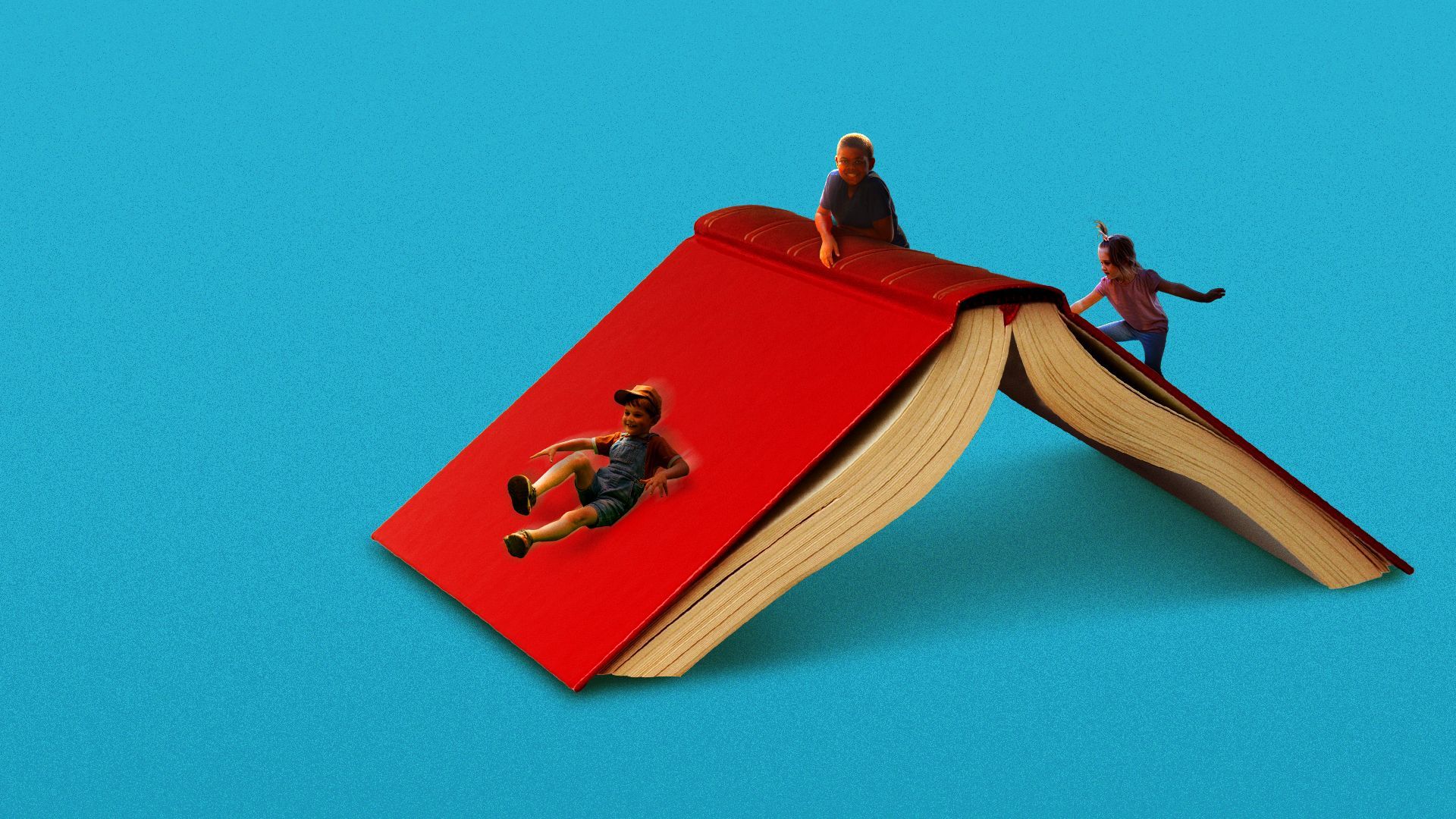 Illustration of kids playing on a book like a slide.