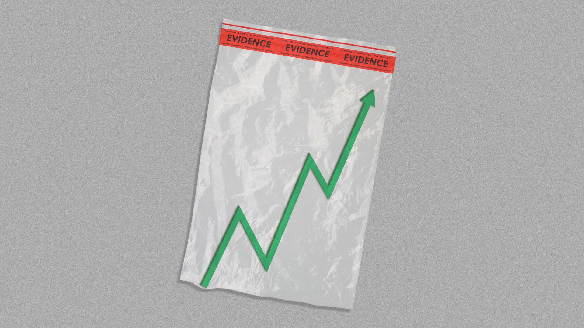Illustration of a plastic evidence bag with an upwards trending bar line in it. 