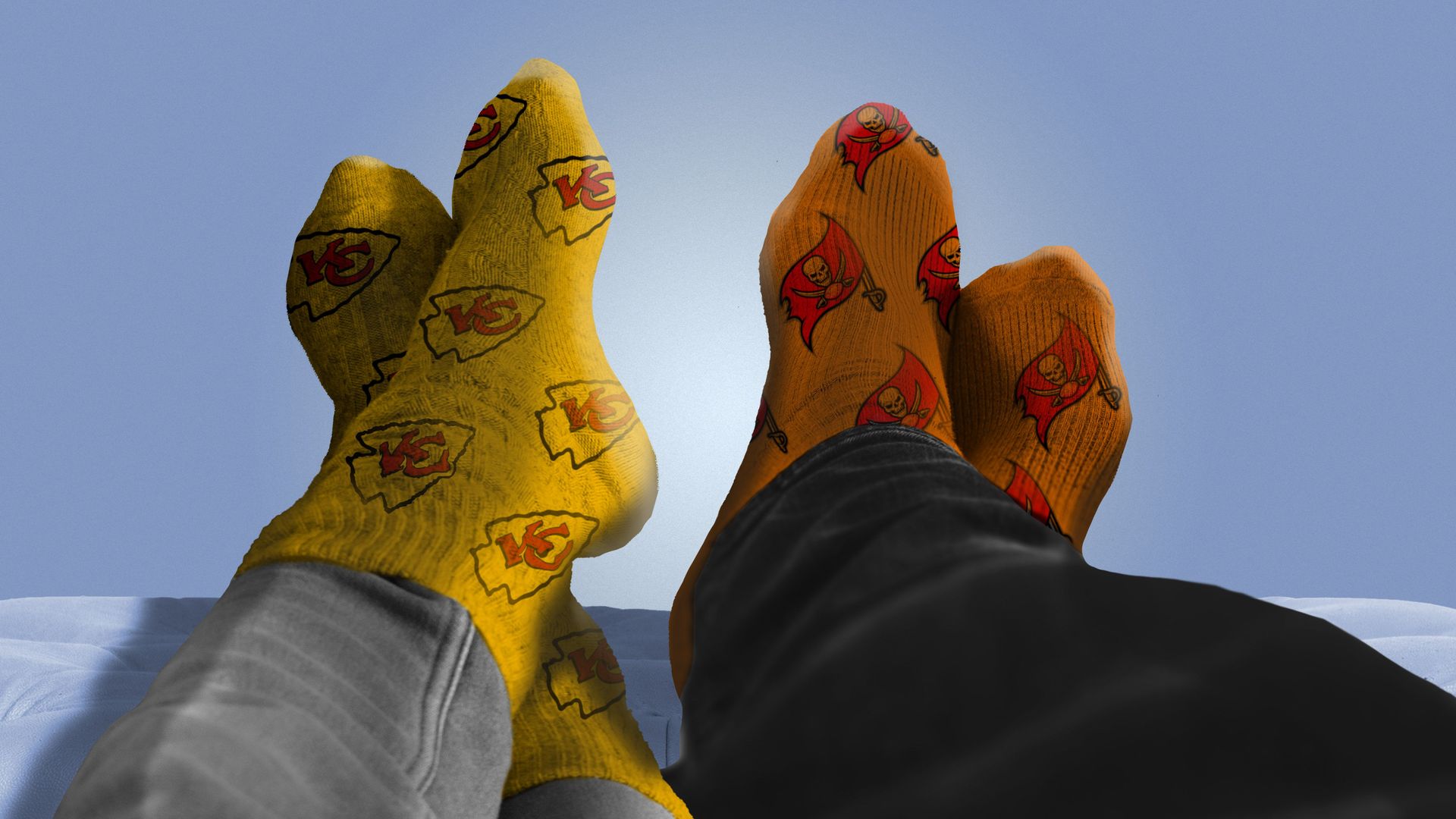 Illustration of two feet propped up on a footstool adorned in Kansas City Chief and Tampa Bay Buccaneers socks