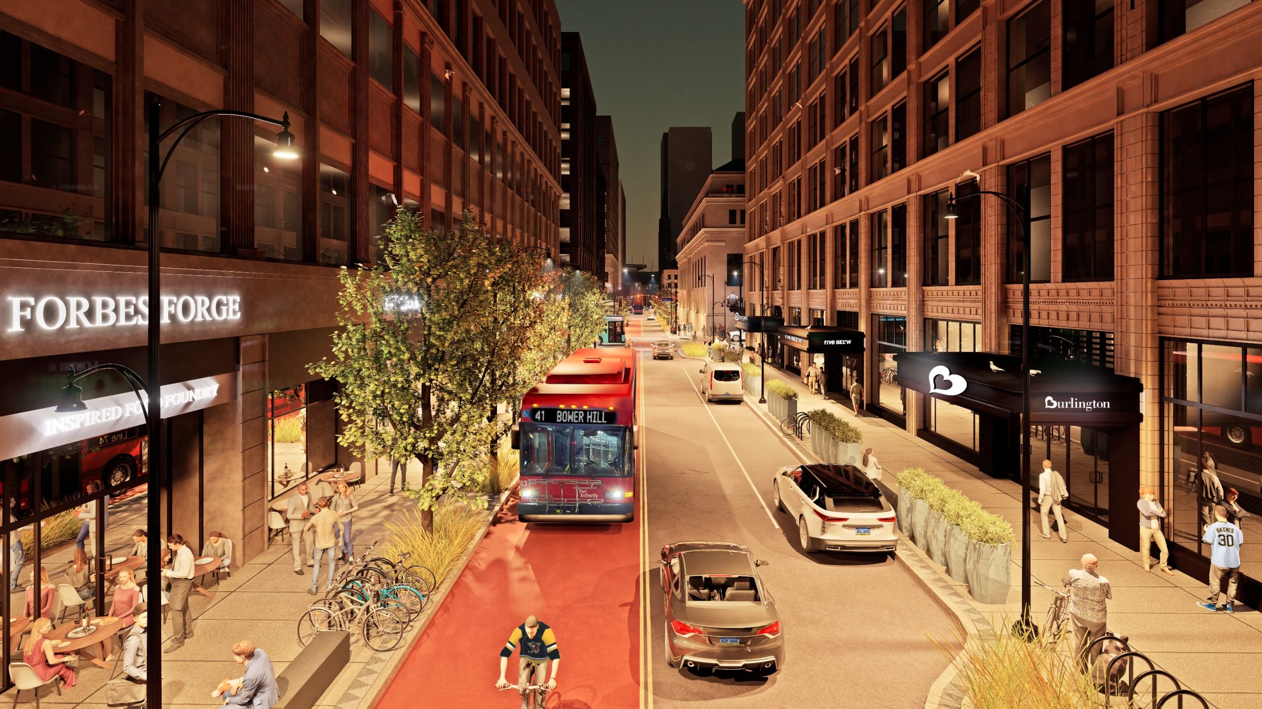 Night city street lined with tall brick buildings, glowing storefronts (Forbes Forge) on left, outdoor cafe, bicycles, trees, cars and a red bus in the middle, pedestrians along the sidewalk.