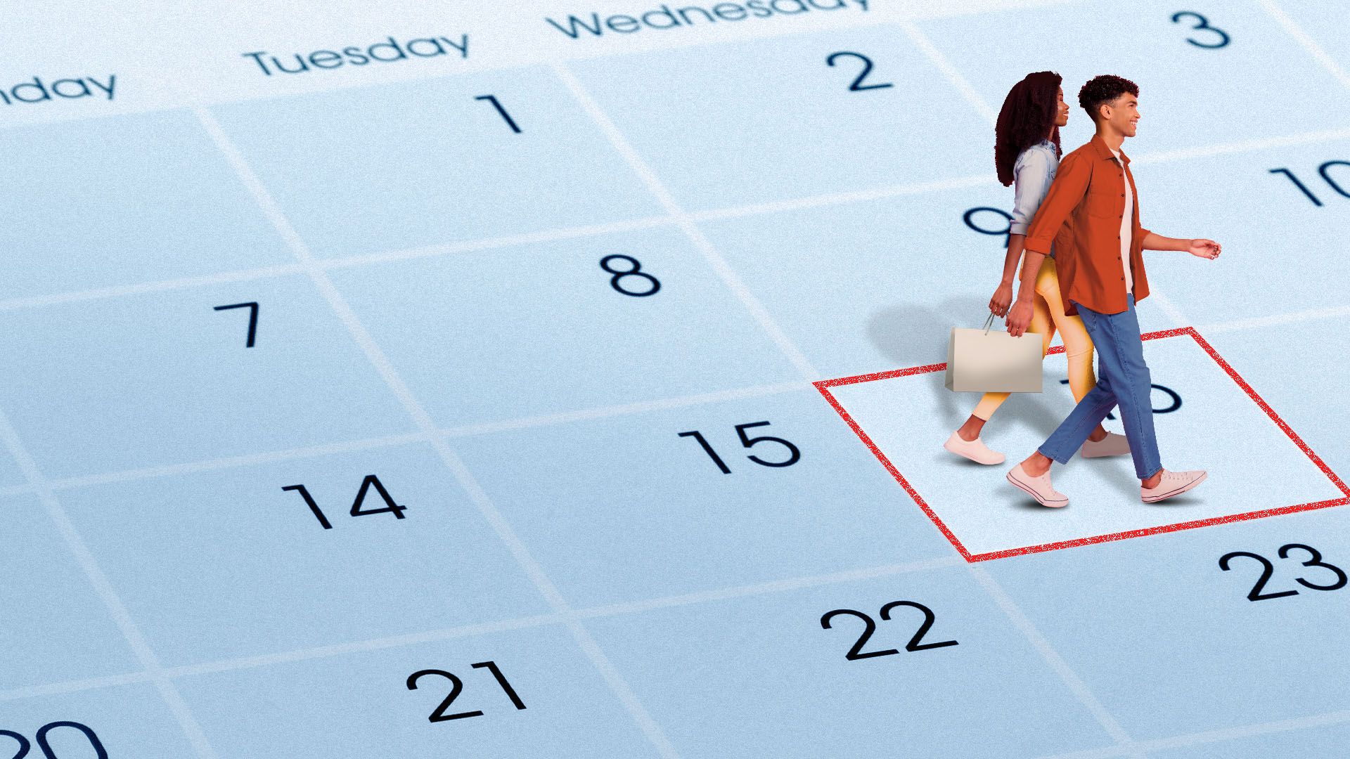 Illustration of two people walking on a large blue calendar, stepping inside a red square drawn around the 16th day of the month.