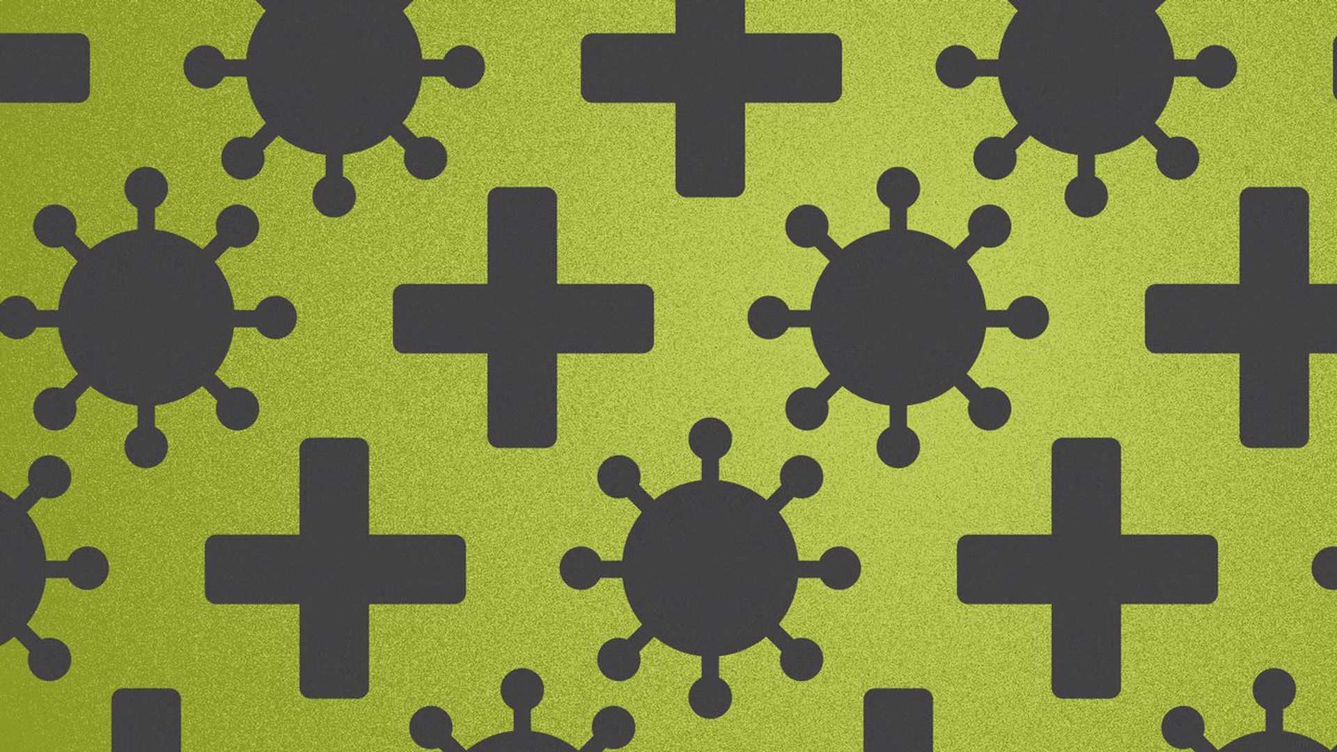 Illustration of a pattern of covid particles and positive signs.