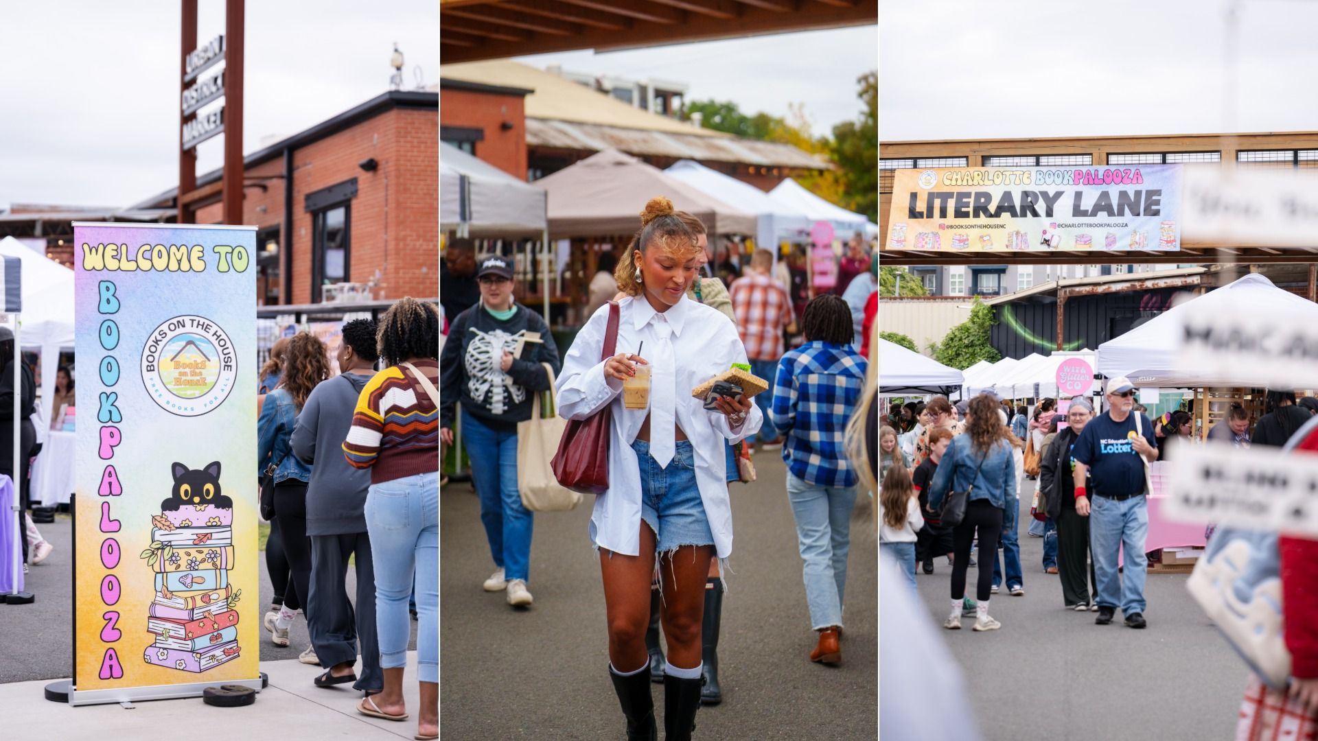 Three-panel street book fair: left colorful banner reads "Welcome to BOOKPALOOZA" beside brick buildings; middle a woman in a white shirt and denim shorts carries a coffee and sandwich; right a "LITERARY LANE" banner over crowds at tents.