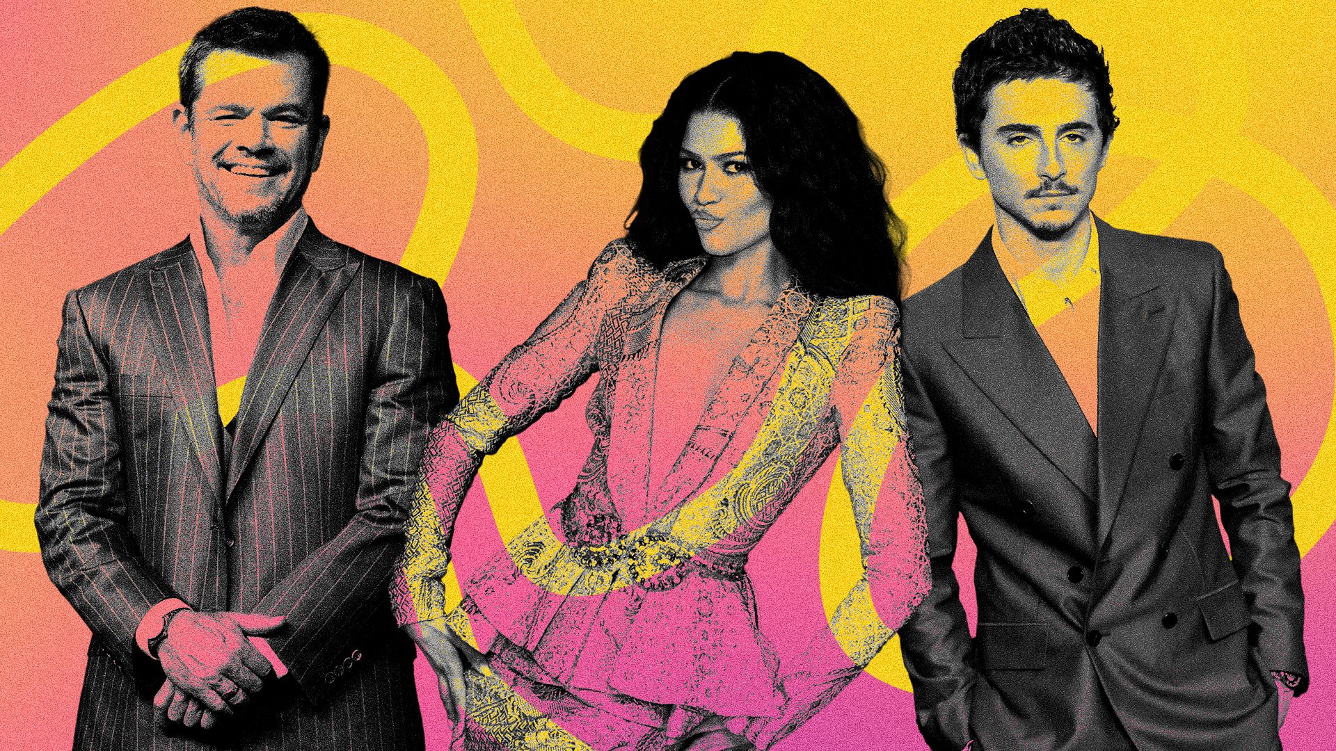Photo illustration of Matt Damon, Zendaya, and Timothée Chalamet