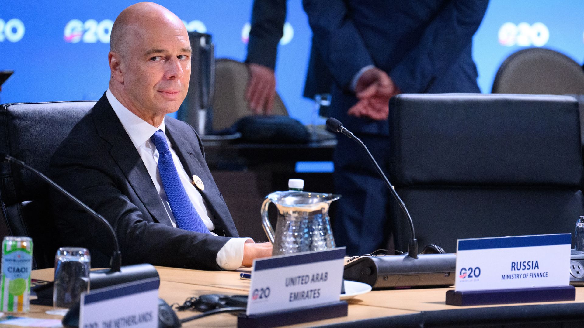 Anton Siluanov, Russia's finance minister, sitting at the G20 meeting.