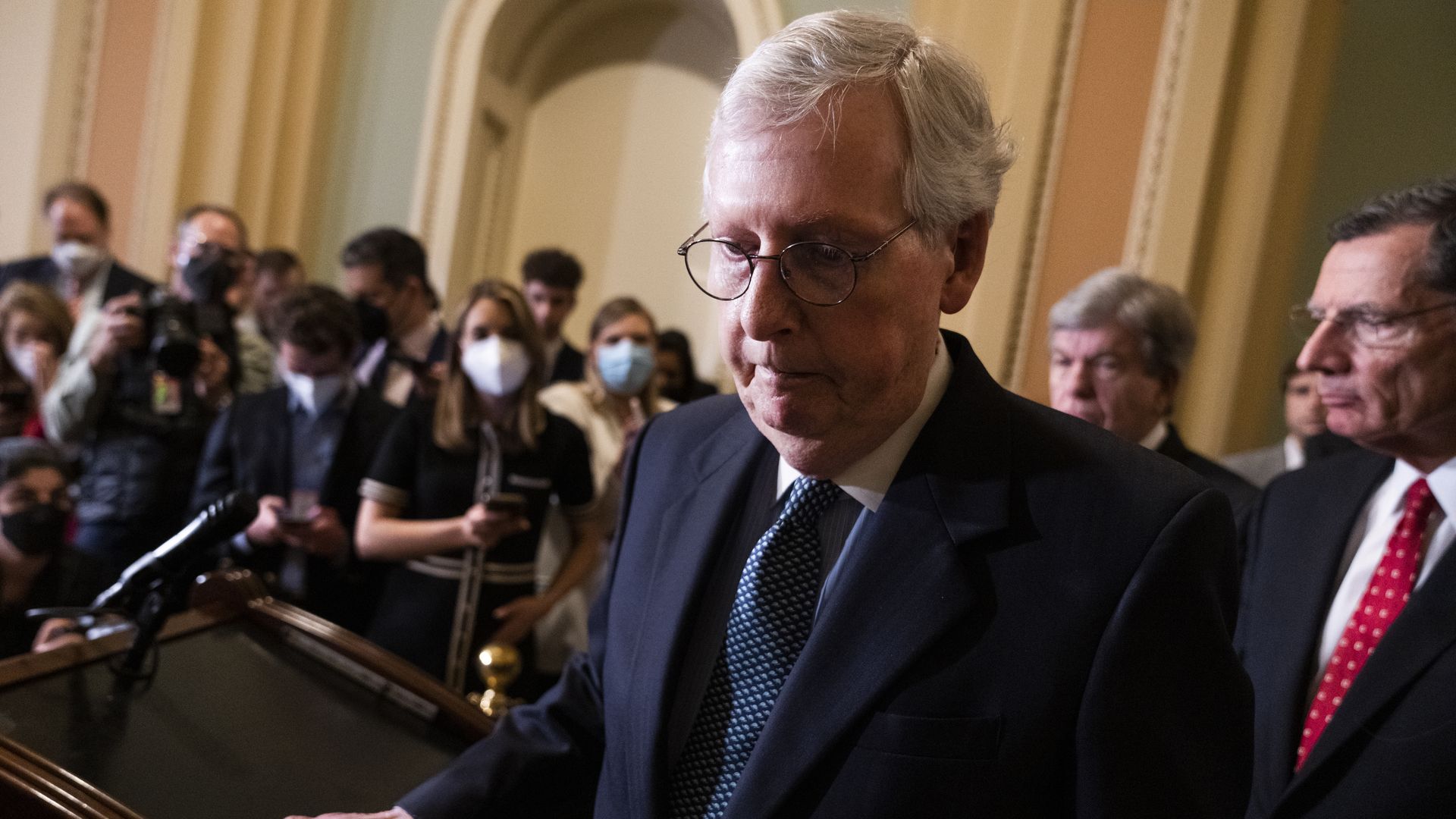 Senate Minority Leader Mitch McConnell, R-Ky., conducts a news conference.