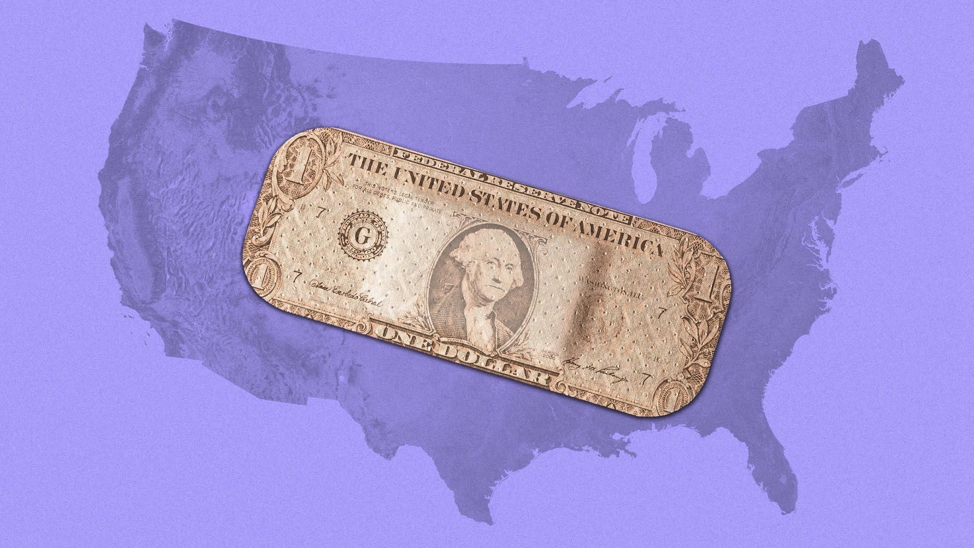 An illustration of a band-aid made of money covering the U.S.