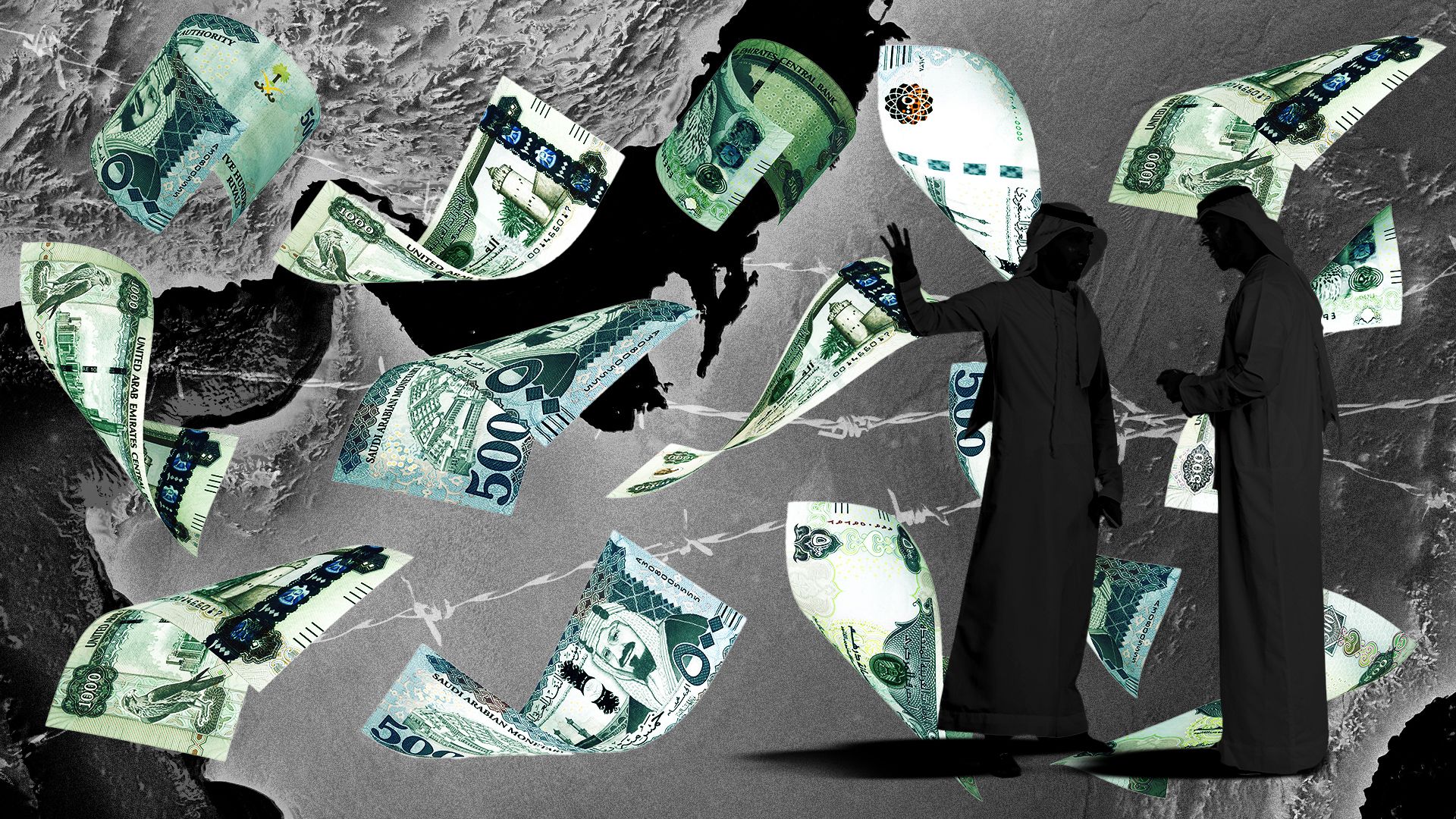 Illustration of a map of the Gulf with abstract images of barbed wire, Saudi Riyals, UAE Dirhams, and a silhouette of two Arab businessmen talking. 