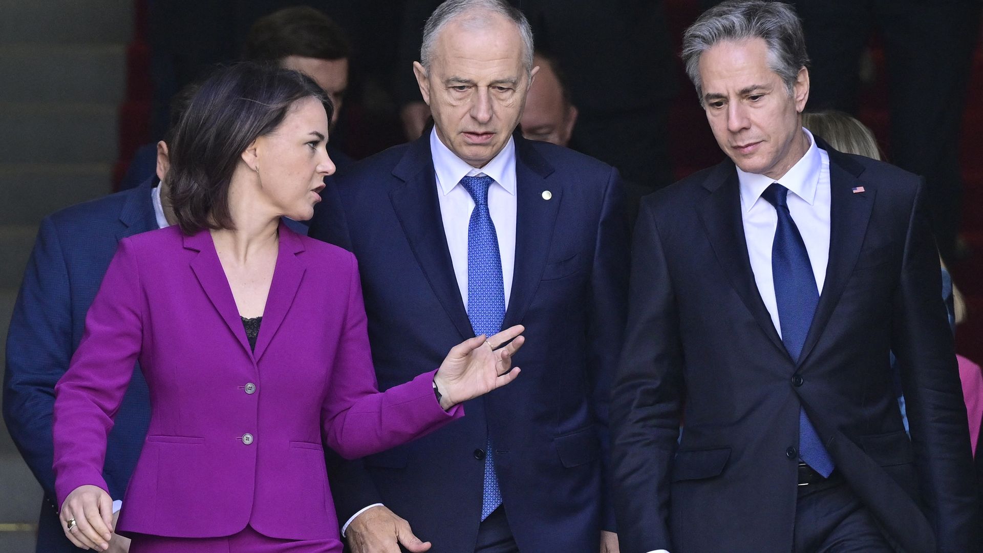 German Foreign Minister Annalena Baerbock (L), NATO Deputy Secretary General Mircea Geoana (C) and Secretary of State Antony Blinken (R) in Berlin on May 15.