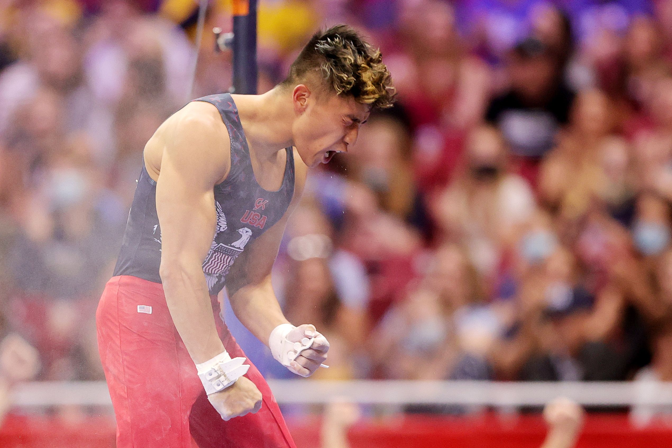Yul Moldauer reacts after competing on high bar during the 2021 U.S. Gymnastics Olympic Trials. 