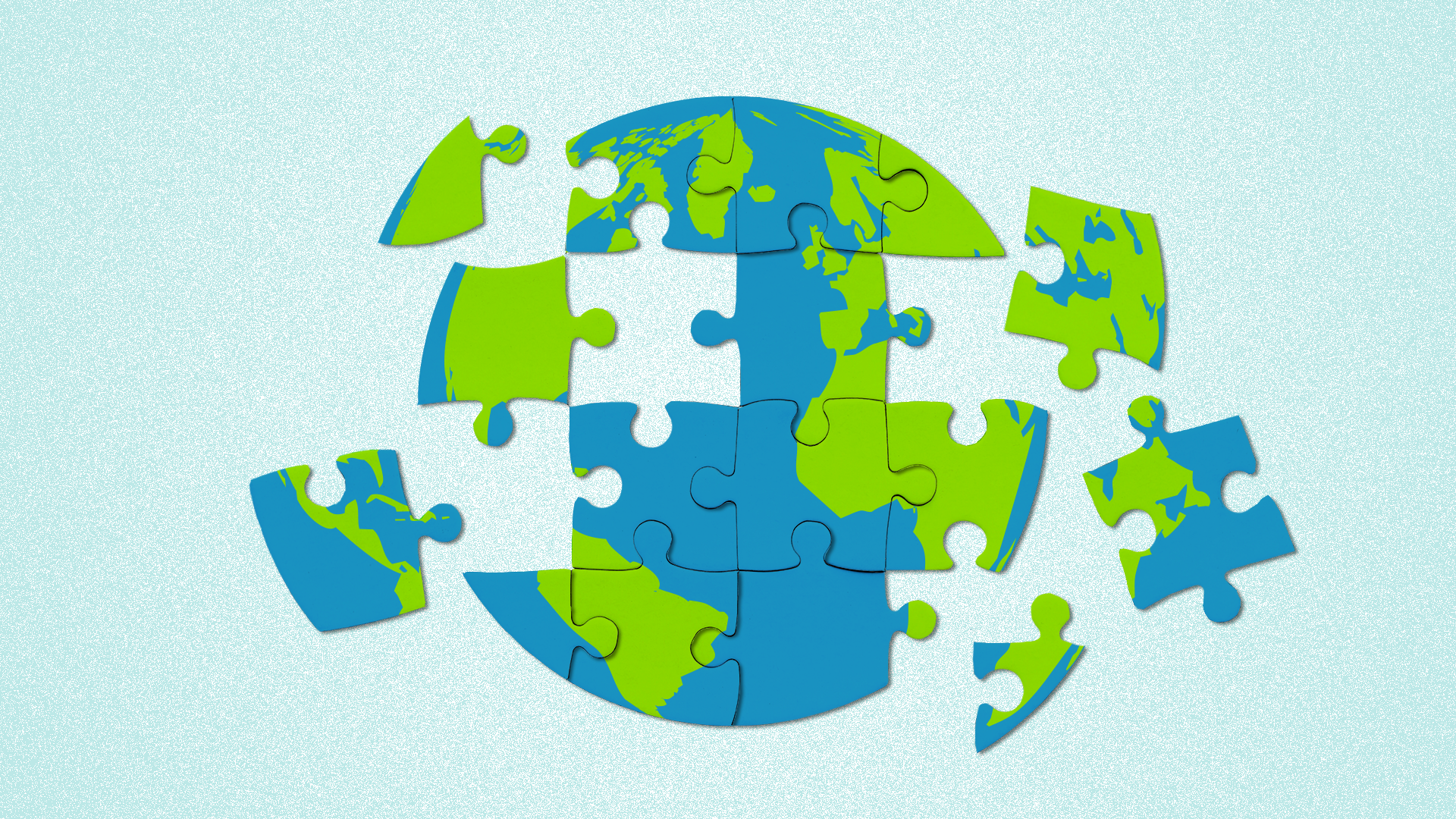 Illustration of the world as a puzzle with pieces partially put together.